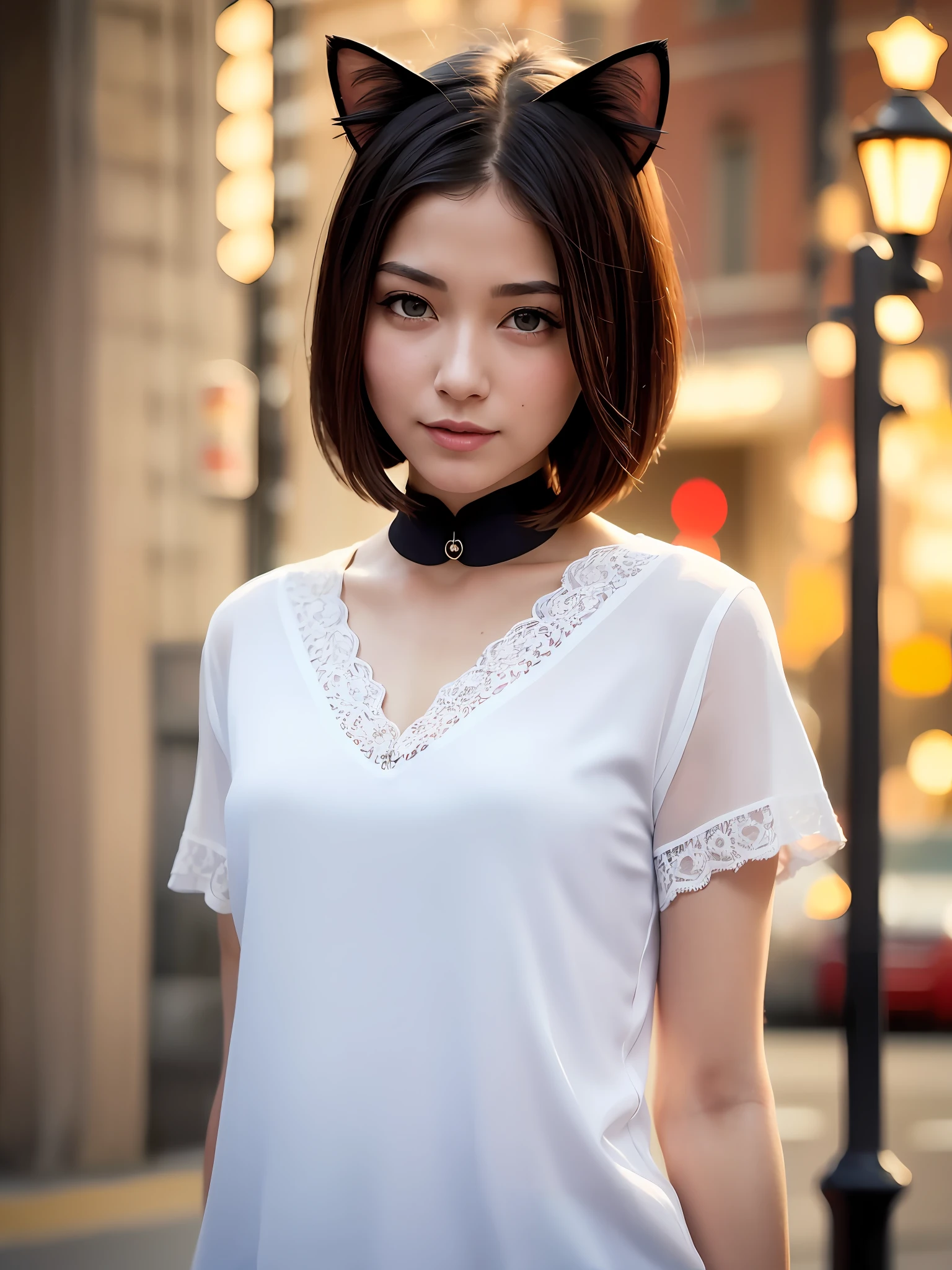(8k, Best Quality, Masterpiece: 1.2), (Realistic, Realistic:1.37), Ultra Detailed, 1 Girl, Cute, Solo, Beautiful Detailed Sky, Detailed Cafe, Seated, Dating, (Nose Red), (Smile: 1.15), (Shut Up) Small Breasts, Beautiful Delicate Eyes, (Collar Shirt: 1.1), Professional Wear, White Lace, Black Choke, (Short Hair: 1.2), Flowing Hair, NovaFrogStyle, Cat Ears, White Skin, Cinematic light, night street, street light