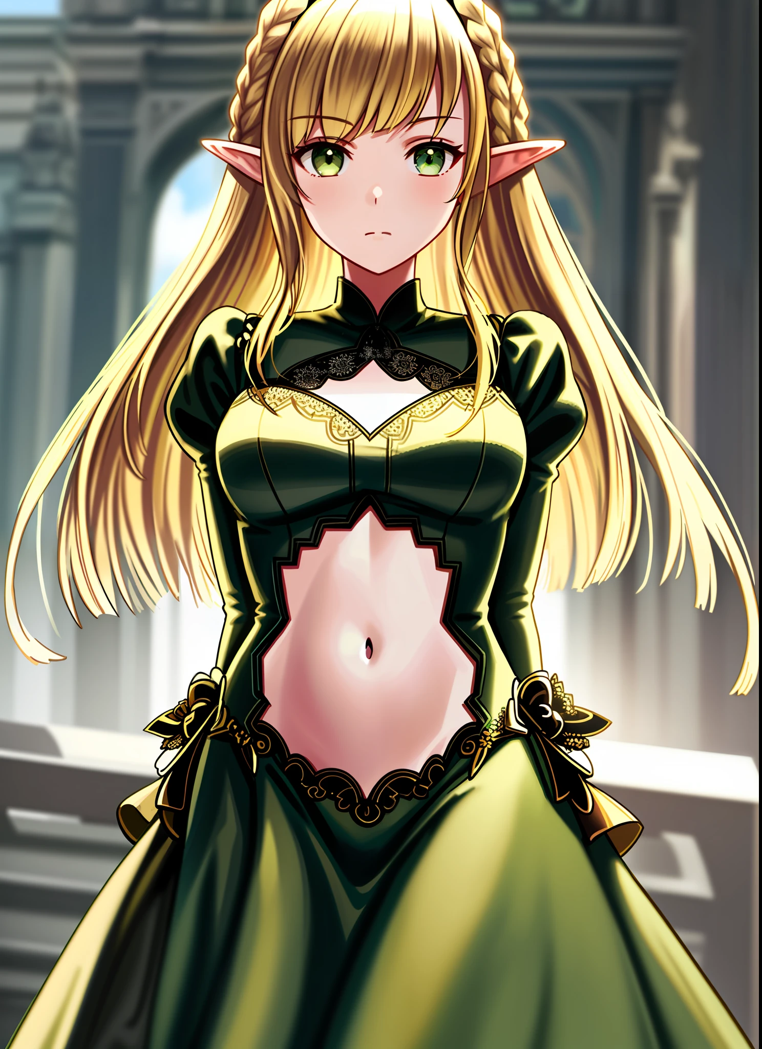 masterpiece, (best quality:1.4), detailed, girl, (solo), HD, (blonde hair:1.1), (braids:1.1), (bangs:1.1), (green eyes:1.2), (closed mouth:1.2), pointy ears, flower on head, standing, (dress:1.0), (laced dress:1.2), (elbow gloves:1.1), (looking at viewer:1.2), (navel cut-out:1.3), lace, detailed eyes, detailed hair, highres, outdoor, (flowers:1.1), clouds, sky, (lighting:1.2), high details