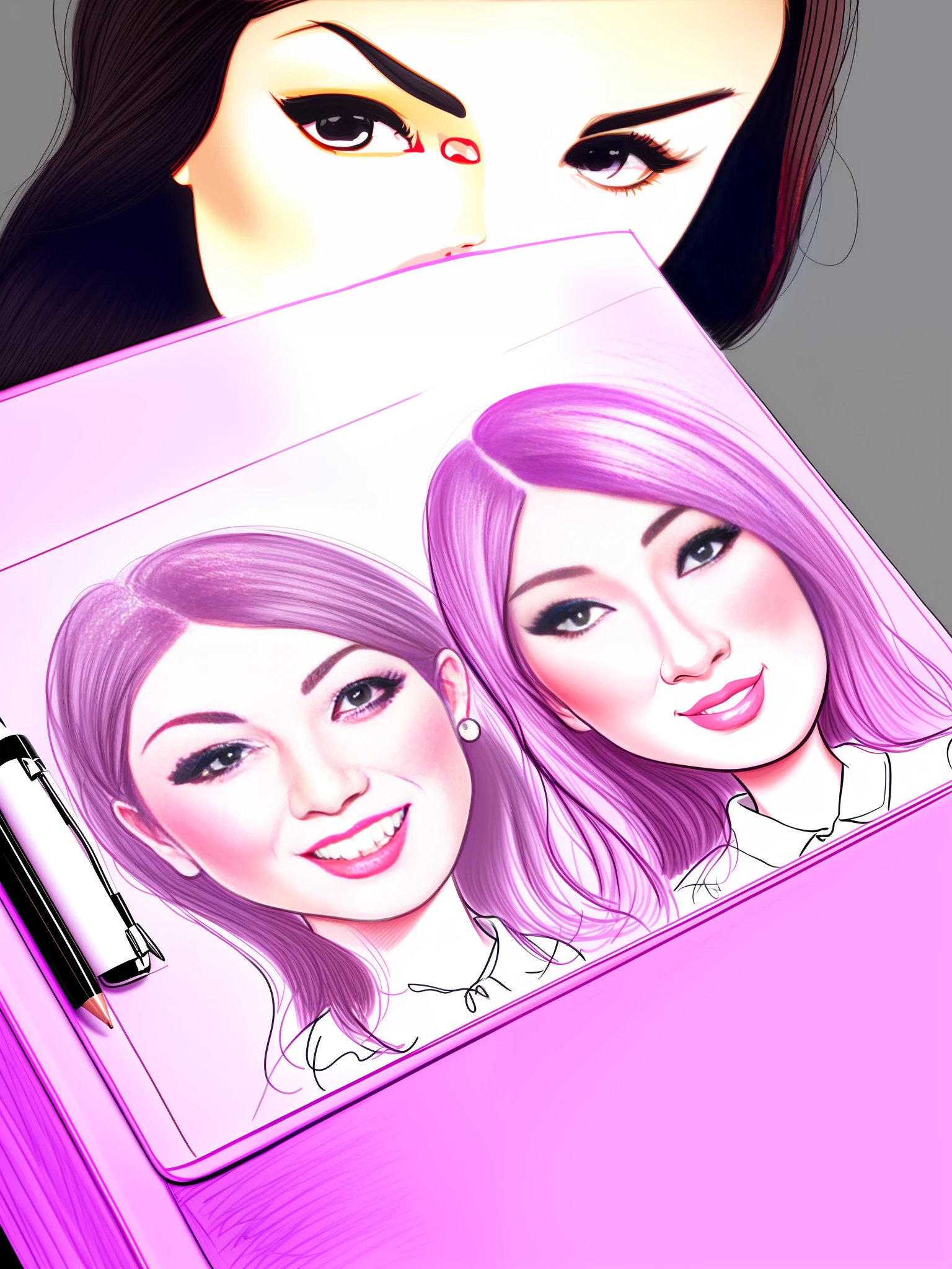 drawing of two women on a pink chair with a pen, caricature style, professional sketch, caricaturist, cartoon drawing, caricature illustration, charicature, with fully detailed faces, cartoon portrait, professional drawing, cartoon art, high quality of sketching, detailed and beautiful faces, realistic sketch, realistic faces, detailed realistic faces, lovely detailed faces, caricature