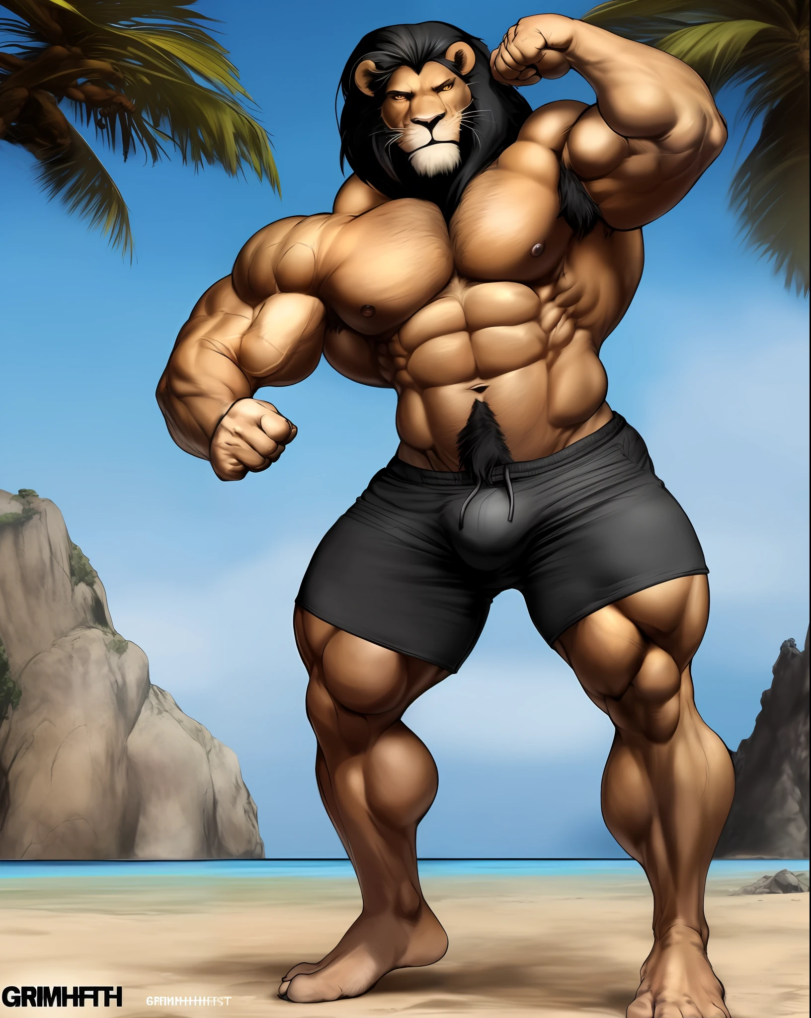 anthro (lion), feline, adult, solo, very muscular, thick neck, ((sturdy shorts)), flexing, ((posing)), epic, ((biceps flexing)), topless, tail, (brown fur, black mane, detailed fur:1.3), (ragged fur:1.1), bodybuilder, fighter, contest, scene, veiny muscles, detailed background, venue background, photorealistic, hyperrealistic, ultradetailed, (masterpiece:1.2), bulge, correct fists, uncensored, (((by grimfaust)))