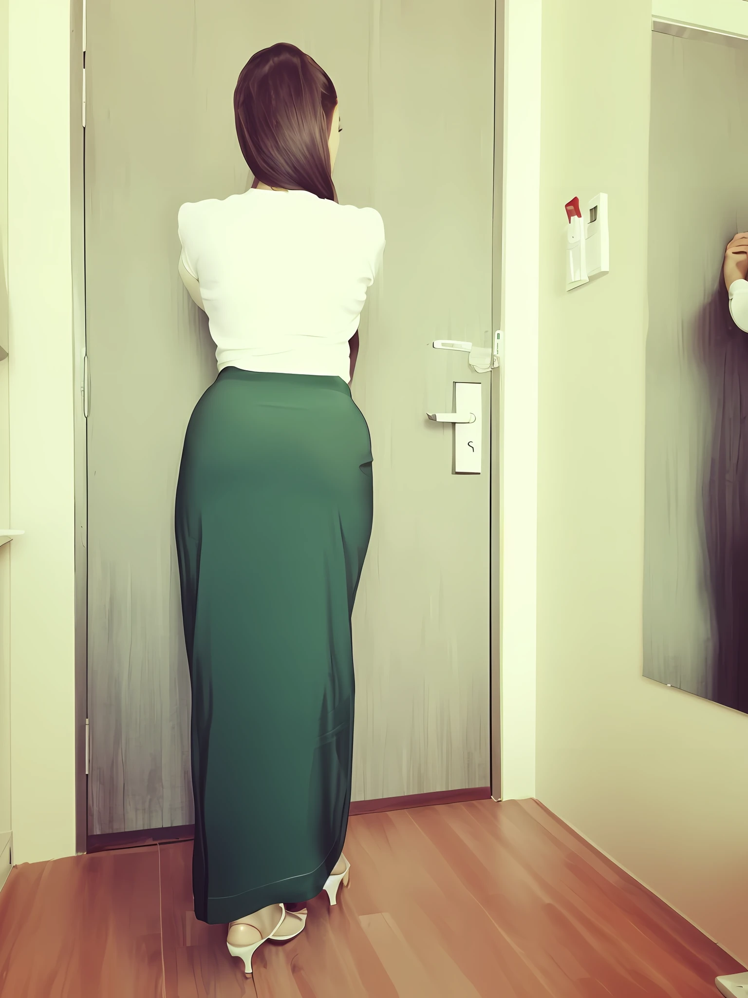 there is a woman standing in front of a mirror in a room, long skirt, rear-shot, full growth from the back, from the back, back view!!, wearing skirt, long shot from the back, backview, in full growth from the back, white shirt and green skirt, looking from behind, back - shot, rear shot, back shot,(Super realistic),(((Super boobs))), ((Plump body)), (Big breasts), ((Plump boobs)), (((Nipples exposed)))( (Big buttocks)), (detailed description of body), (white and translucent skin), peerless beauty, (extreme beauty)