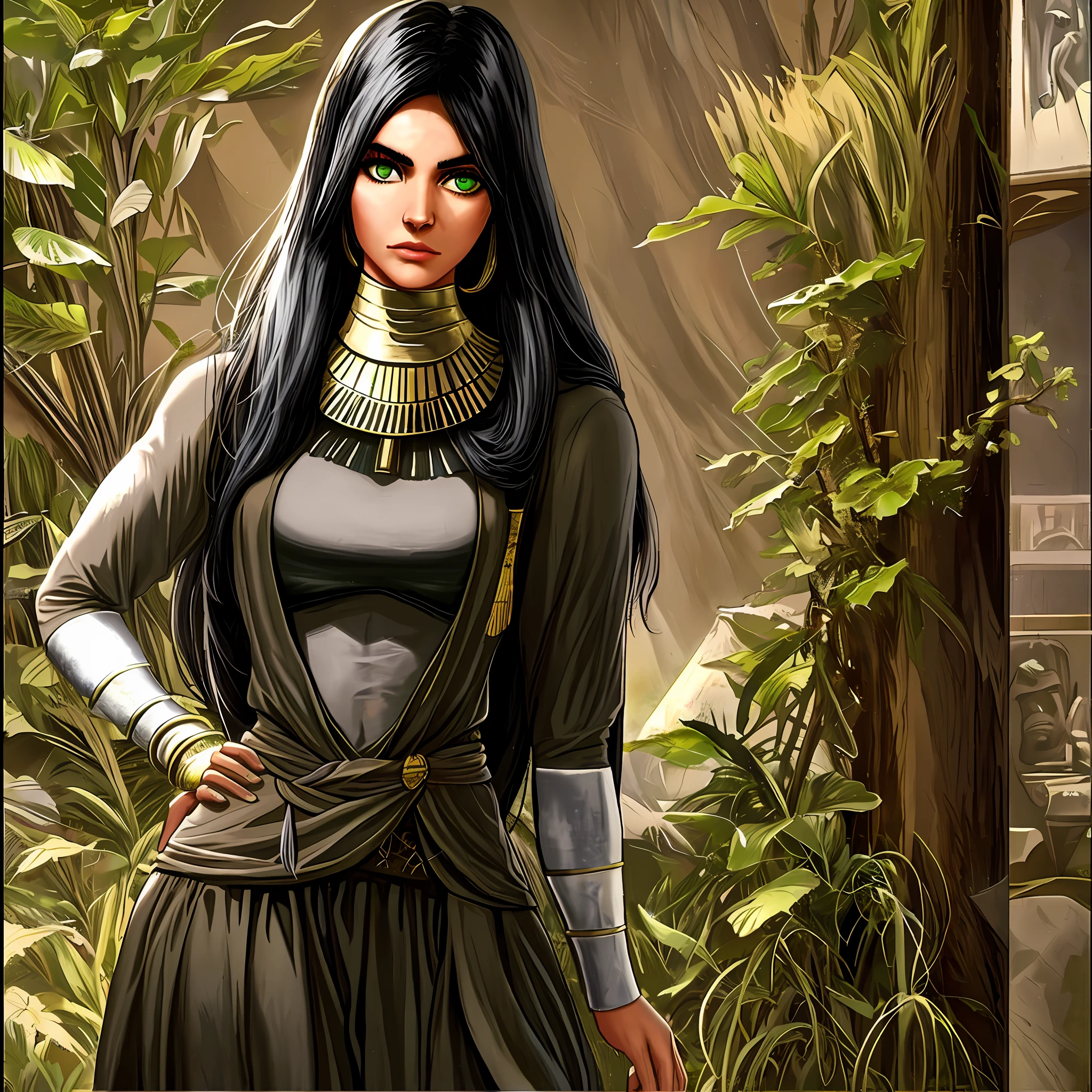 1 adult Egyptian female, green eyes, black hair, makeup, upper body, looking at the audience, detailed background, detailed face, Old EgyptAI, ancient Egyptian theme, savage jungle warrior, obsidian, ((defensive posture)), stone knife, bush, poisonous plant, rocks, humid climate, darkness, movie atmosphere, dark room, dim light, (zentangle, mandala, tangle, entangle:0.5) (35mmstyle :1.1), front, masterpiece, 1970s film,, cinematic lighting, (photorealistic :1.5), high-frequency detail, 35mm film, (film grain), film noise, front