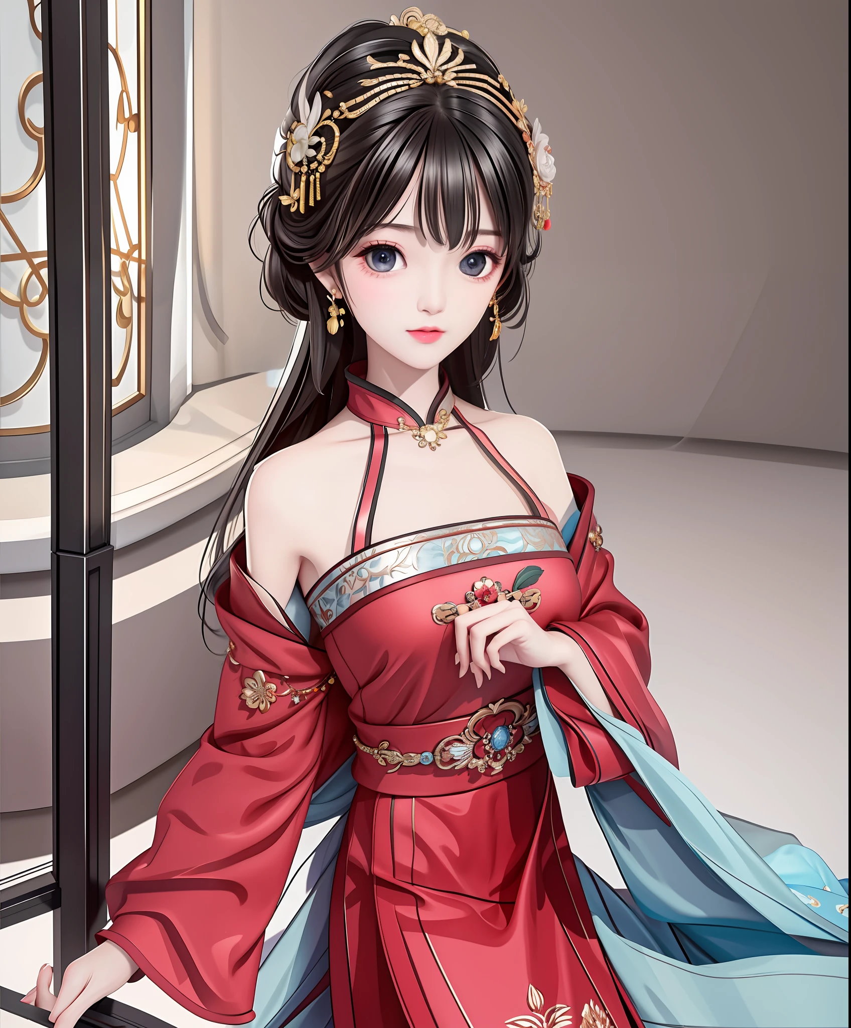 Best Quality, Masterpiece, Hi-Res, One Girl, Cheongsam, Headwear, Necklace, Jewelry, Beautiful Face, upon_body, Tyndall Effect, Photorealistic, Dark Studio, Rim Lighting, Two-Tone Lighting, (High Definition Skin: 1.2), 8k uhd, dslr, soft lighting, high quality, volumetric lighting, candid, photography, high resolution, 4k, 8k, bokeh,