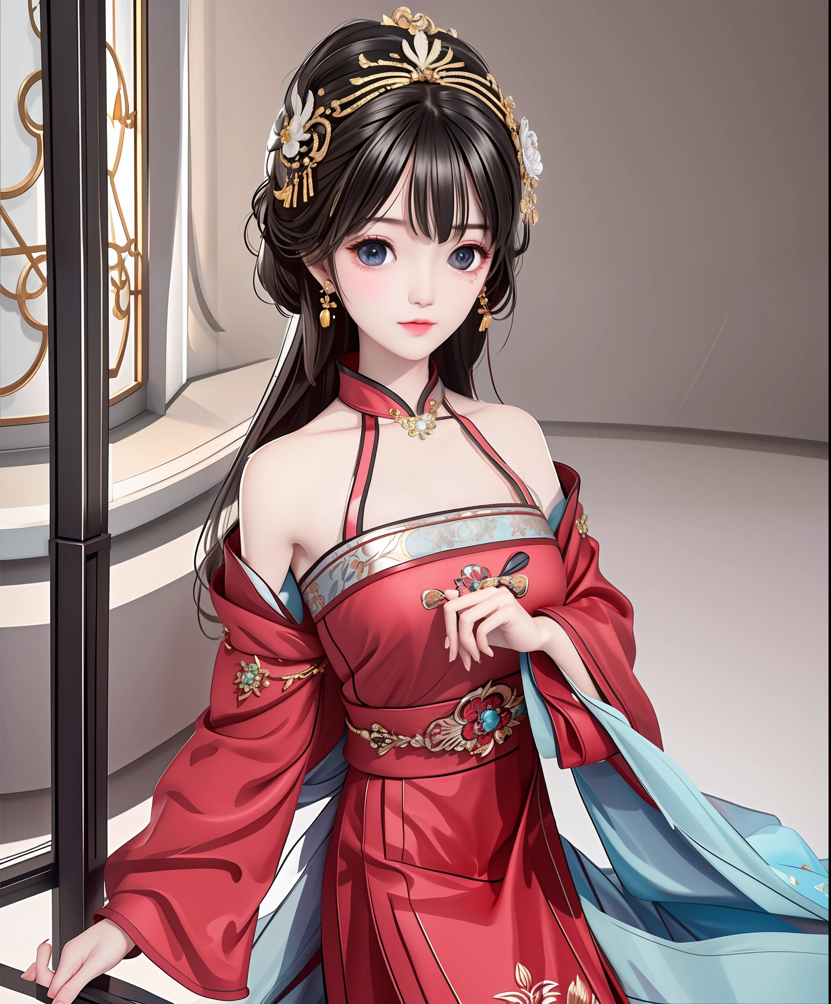 Best Quality, Masterpiece, Hi-Res, One Girl, Cheongsam, Headwear, Necklace, Jewelry, Beautiful Face, upon_body, Tyndall Effect, Photorealistic, Dark Studio, Rim Lighting, Two-Tone Lighting, (High Definition Skin: 1.2), 8k uhd, dslr, soft lighting, high quality, volumetric lighting, candid, photography, high resolution, 4k, 8k, bokeh,