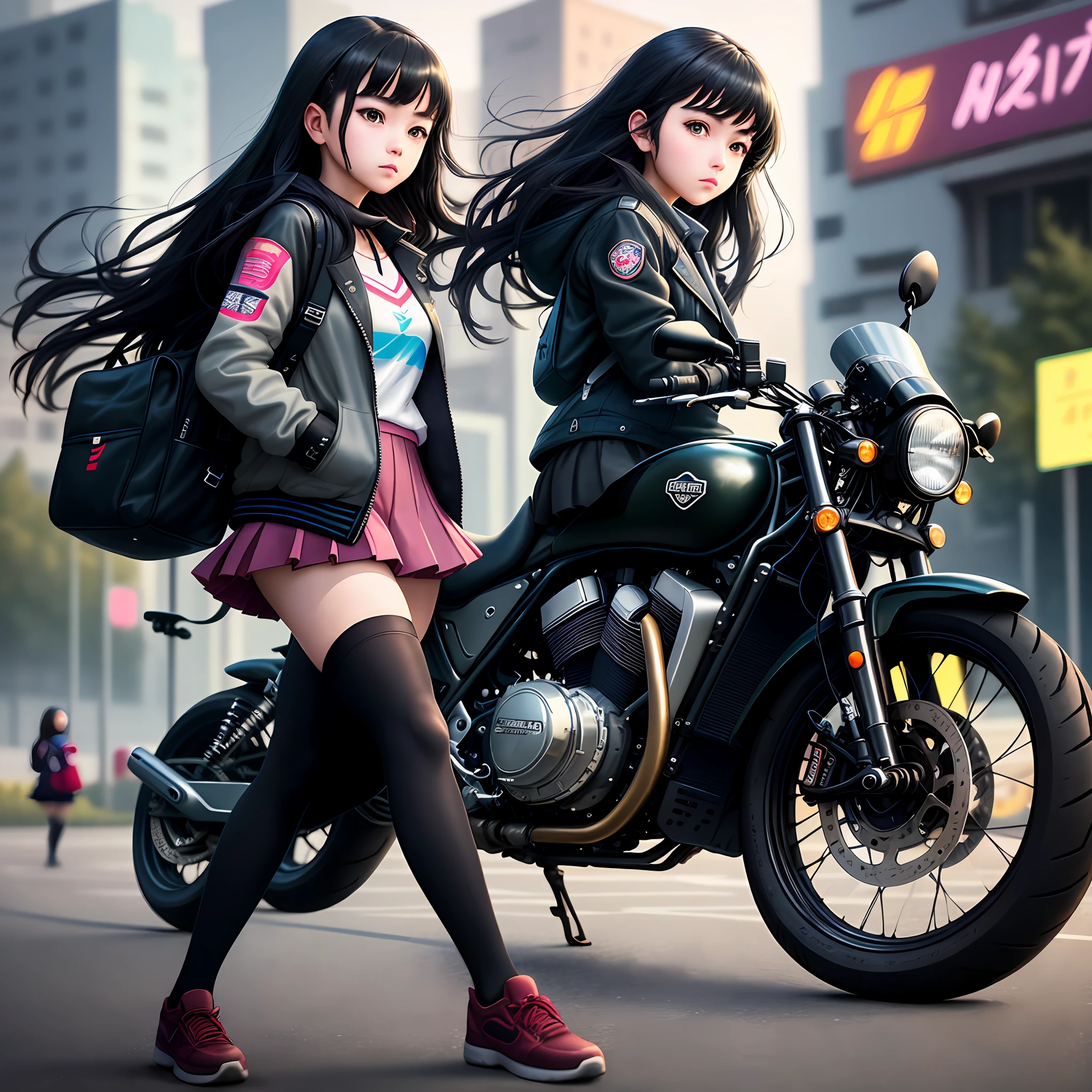 masterpiece, best quality, 1girl, solo, jacket, hand in pocket, school uniform, serafuku, thighhighs, school bag, black hair, black eyes, cyberpunk, street, machinery, motor vehicle, motorcycle, panorama, helmet, speed line, motion blur, depth of field, perspective, panorama, riding, floating hair, night, neon trim