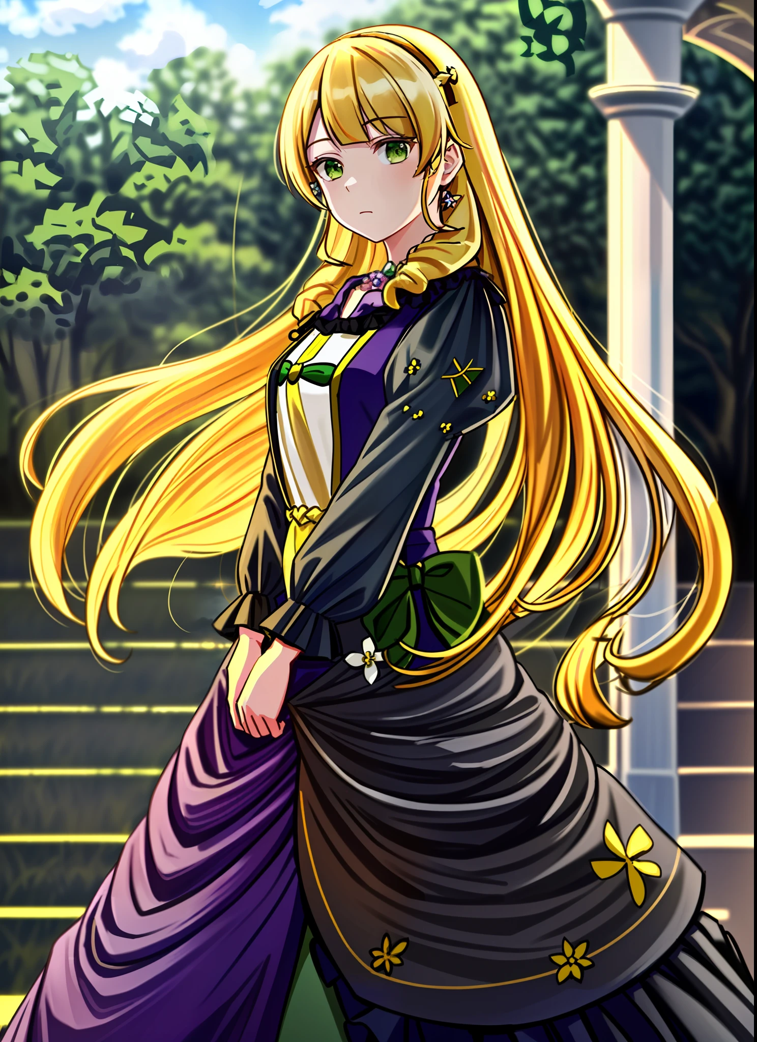 masterpiece, (best quality:1.4), detailed, sumire1, (solo), HD, (yellow hair:1.1), (braids:1.1), (long hair:1.1), (green eyes:1.2), (closed mouth:1.2), flower on head, standing, (dress:1.0), (long sleeve dress:1.2), (necklace:1.1), (jewelry:1.1), (looking at viewer:1.2), detailed eyes, detailed hair, highres, outdoors, clouds, sky, (lighting:1.2), high details