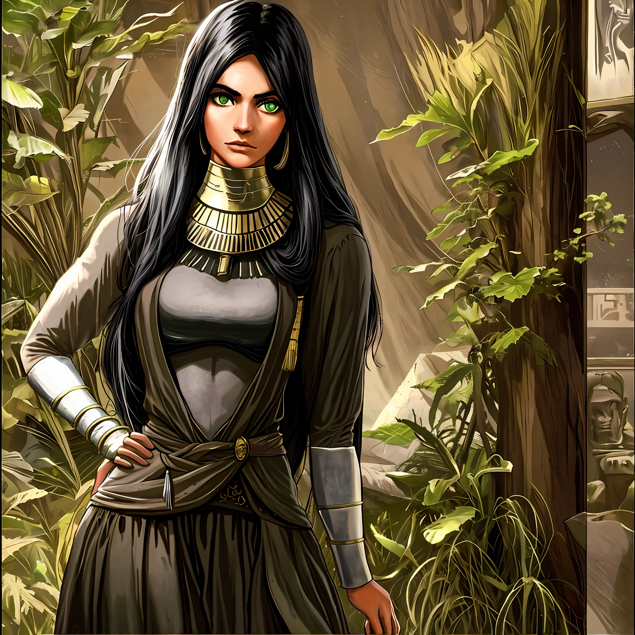 1 adult Egyptian female, green eyes, black hair, makeup, upper body, looking at the audience, detailed background, detailed face, Old EgyptAI, ancient Egyptian theme, savage jungle warrior, obsidian, ((defensive posture)), stone knife, bush, poisonous plant, rocks, humid climate, darkness, movie atmosphere, dark room, dim light, (zentangle, mandala, tangle, entangle:0.5) (35mmstyle :1.1), front, masterpiece, 1970s film,, cinematic lighting, (photorealistic :1.5), high-frequency detail, 35mm film, (film grain), film noise, front
