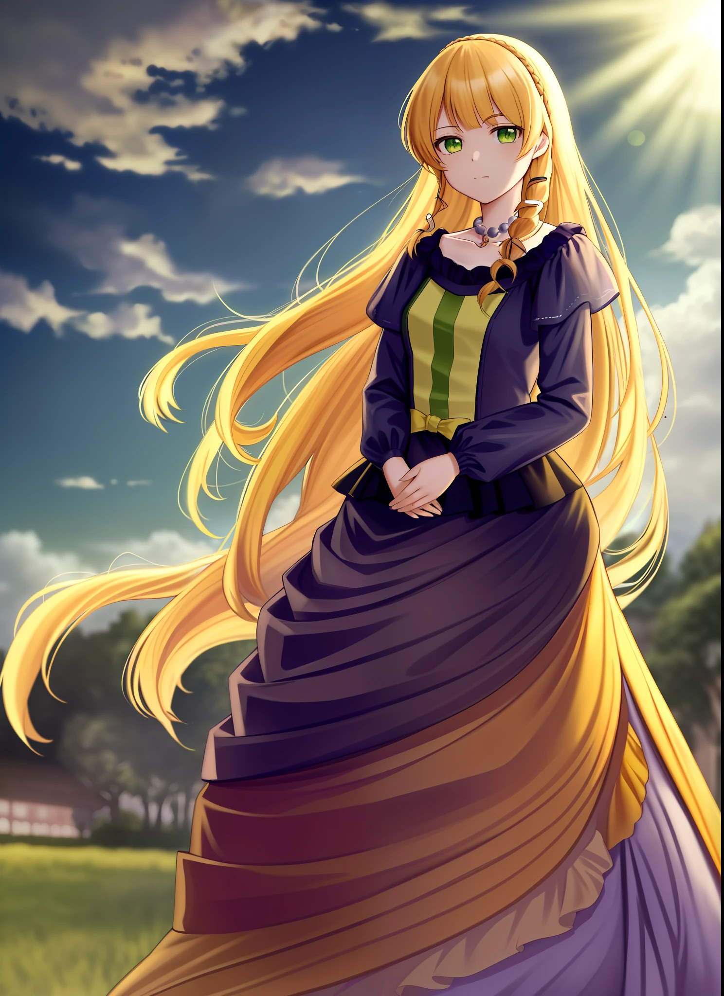 masterpiece, (best quality:1.4), detailed, sumire1, (solo), HD, (yellow hair:1.1), (braids:1.1), (long hair:1.1), (green eyes:1.2), (closed mouth:1.2), flower on head, standing, (dress:1.0), (long sleeve dress:1.2), (necklace:1.1), (jewelry:1.1), (looking at viewer:1.2), detailed eyes, detailed hair, highres, outdoors, clouds, sky, (lighting:1.2), high details