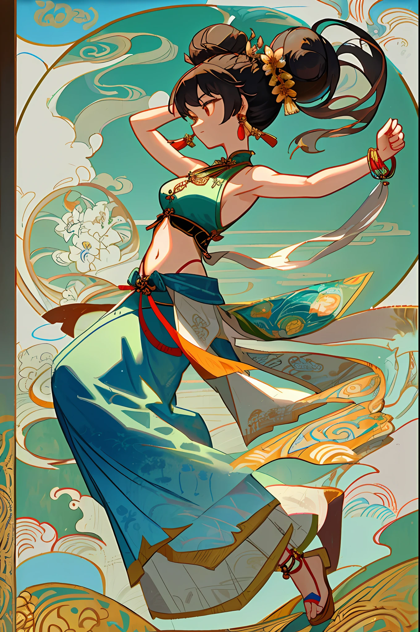 An ancient Chinese beauty stands and dances on the water, gorgeous costumes embroidered with intricate embroidery, flowing tulle, transparent long colorful ribbons tied on the arms, inspired by Dunhuang Flying Apsaras murals, showing navel, bare shoulders, bare neck, Black curly hair in a high bun with flower hairpins, ribbons on arm rings, wreaths, bracelets, anklets, metal chain tassels on the waist, Mogao Grottoes art, ink painting, cgstation pop