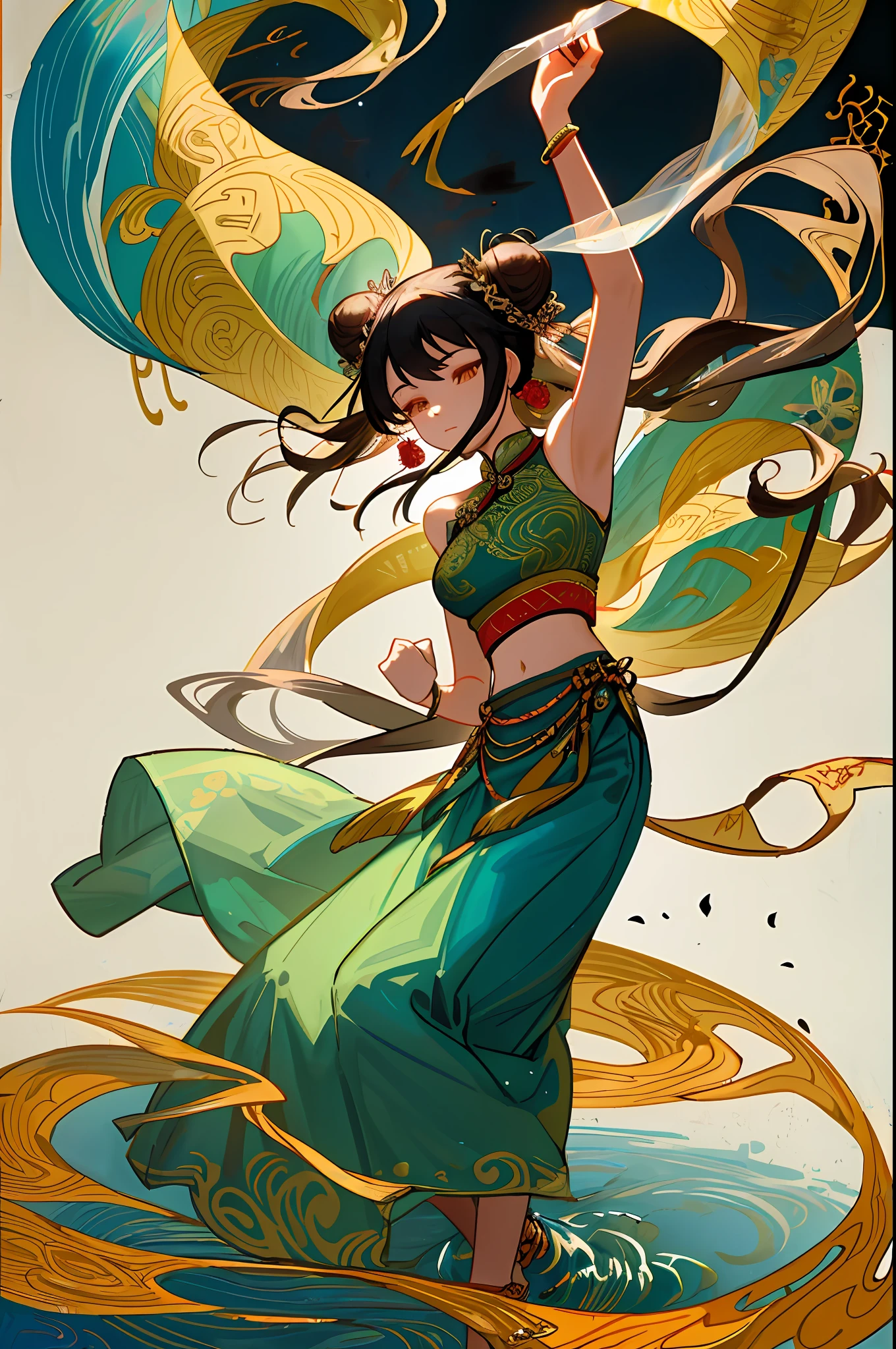 An ancient Chinese beauty stands and dances on the water, gorgeous costumes embroidered with intricate embroidery, flowing tulle, transparent long colorful ribbons tied on the arms, inspired by Dunhuang Flying Apsaras murals, showing navel, bare shoulders, bare neck, Black curly hair in a high bun with flower hairpins, ribbons on arm rings, wreaths, bracelets, anklets, metal chain tassels on the waist, Mogao Grottoes art, ink painting, cgstation pop