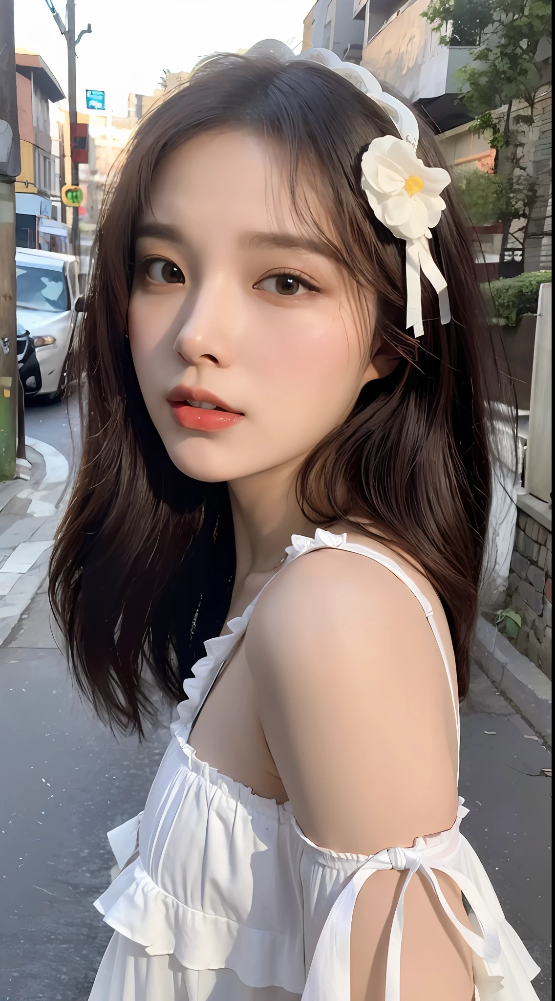 ((Best Quality, 8K, Masterpiece: 1.3)), (sweet_ta:1.3), Focus: 1.2, Perfect Body Beauty: 1.4, Buttocks: 1.2, (Layered Haircut: 1.2)), (Dark Street: 1.3), Highly detailed face and skin texture, Fine eyes, Double eyelids, whitening skin, long hair, (round face: 1.5),