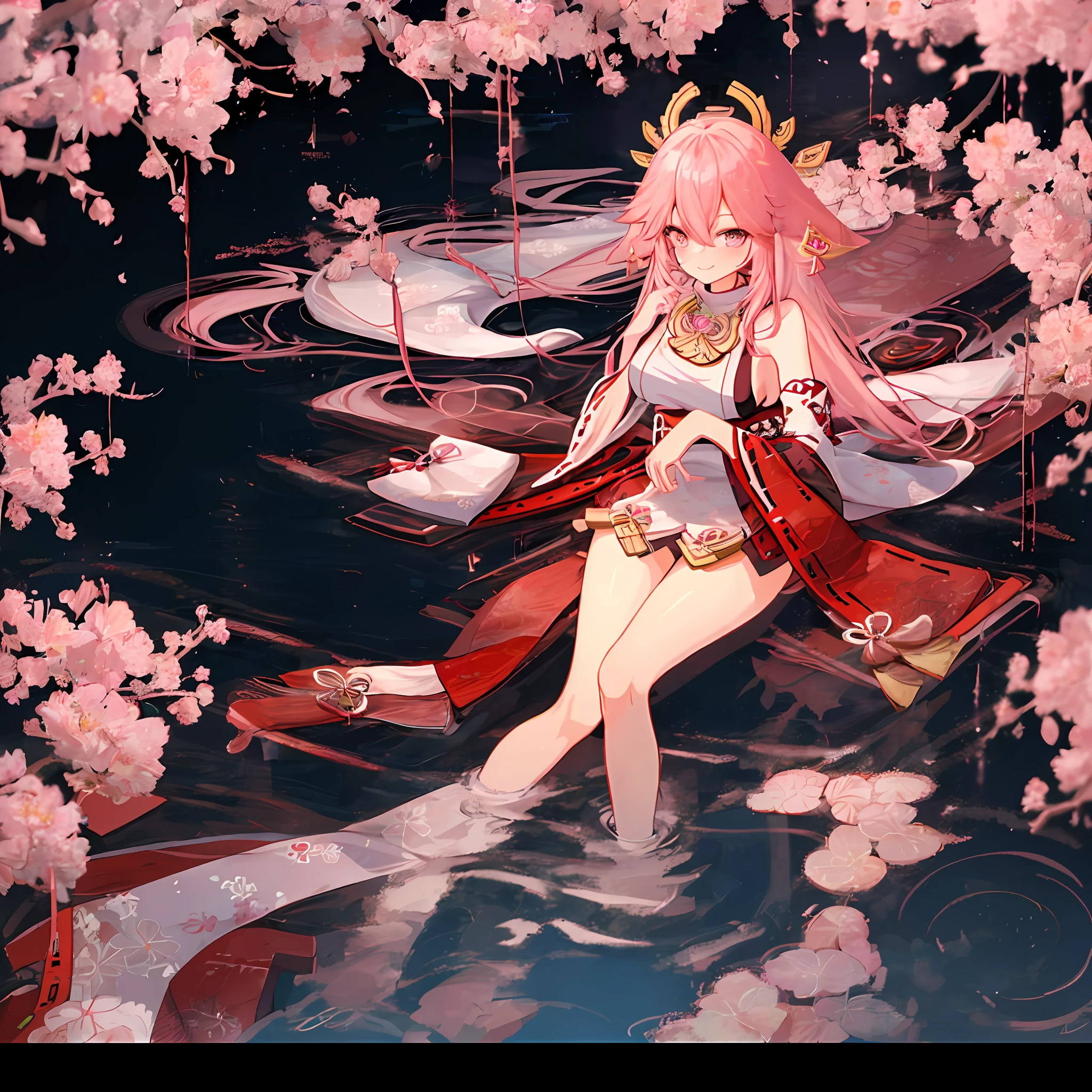 High quality, 4k, rich detail, Japanese style painting, 1girl dominance, kimono bare-shouldered beauty, perfect display of thighs and cleavage, Yae Miko style, shrine at night, hand holding flower wine, fox eartail and collarbone, long hair shawl emanating, soft pink long hair, sexy side breasts, lying still on the water, cherry blossoms falling, seductive smile, hey face, love pupils, half squint, light blush, saliva brushing, long legs