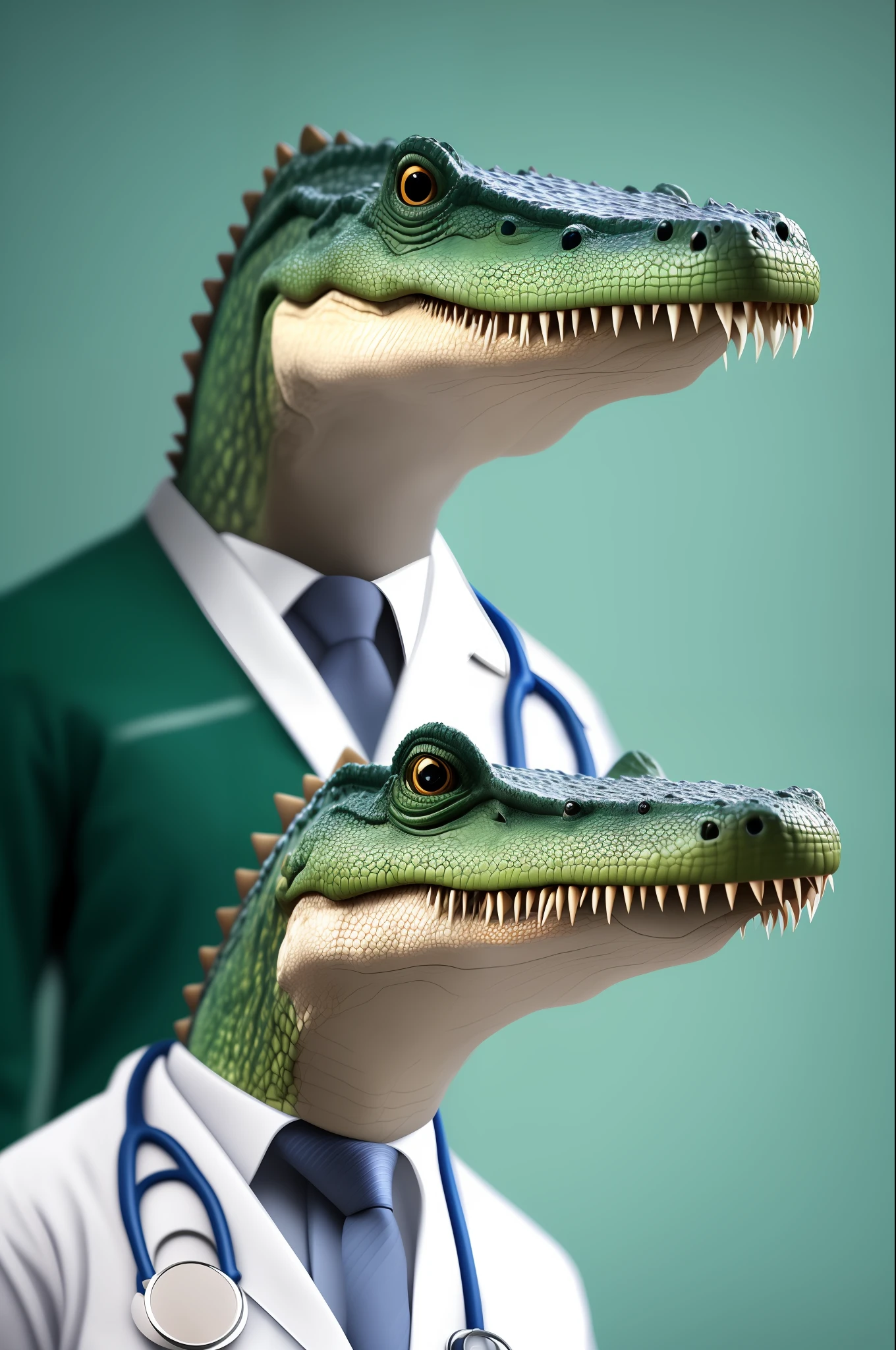 Cute crocodile in doctor shirt close-up portrait, beautiful, cute, 4k, detailed, digital art, trending arstation
