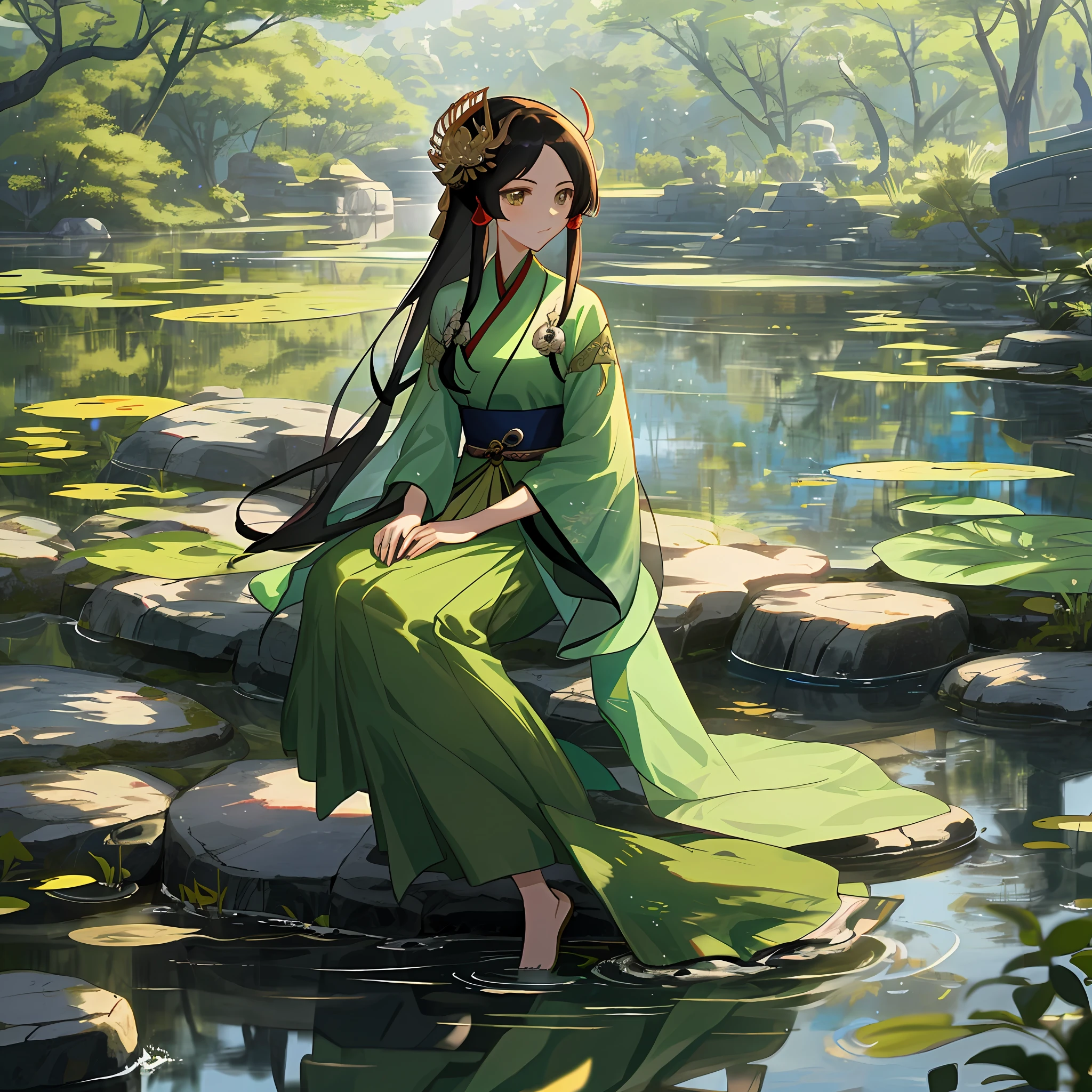 arafed asian woman in green dress sitting on a rock in a pond, palace, a girl in hanfu, inspired by Lan Ying, hanfu, trending on cgstation, a beautiful fantasy empress, 全身仙侠, 美丽的人物画, inspired by Ju Lian, by Yang J，古装