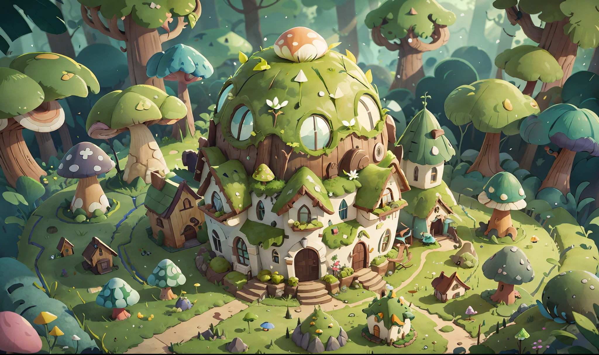 Cartoon style, polygon, game building design, fantasy, beautiful house, mushroom shaped building, forest element, white background, casual game style, creative, best detail, 3d, blender, masterpiece, best quality, cartoon rendering, 8K