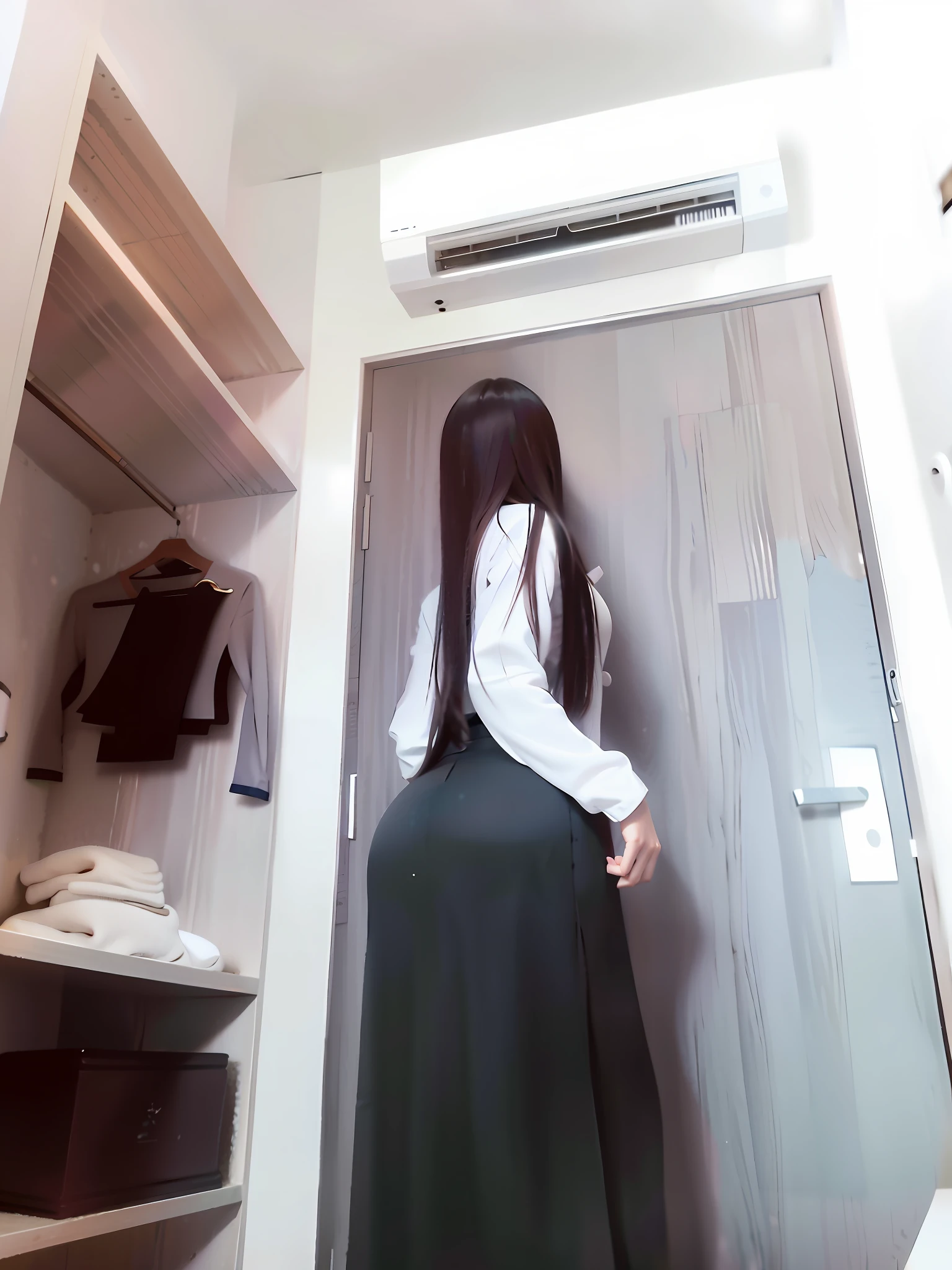 there is a woman standing in a closet with a skirt on, wearing skirt, wearing headmistress uniform, standing in corner of room, looking from behind, back view!!, white shirt and green skirt, in her room, backshot, backview, facing away from camera, wearing school uniform, about to enter doorframe, wearing japanese school uniform,Sexy Big ass,Big Tips,Sexy Body,nude