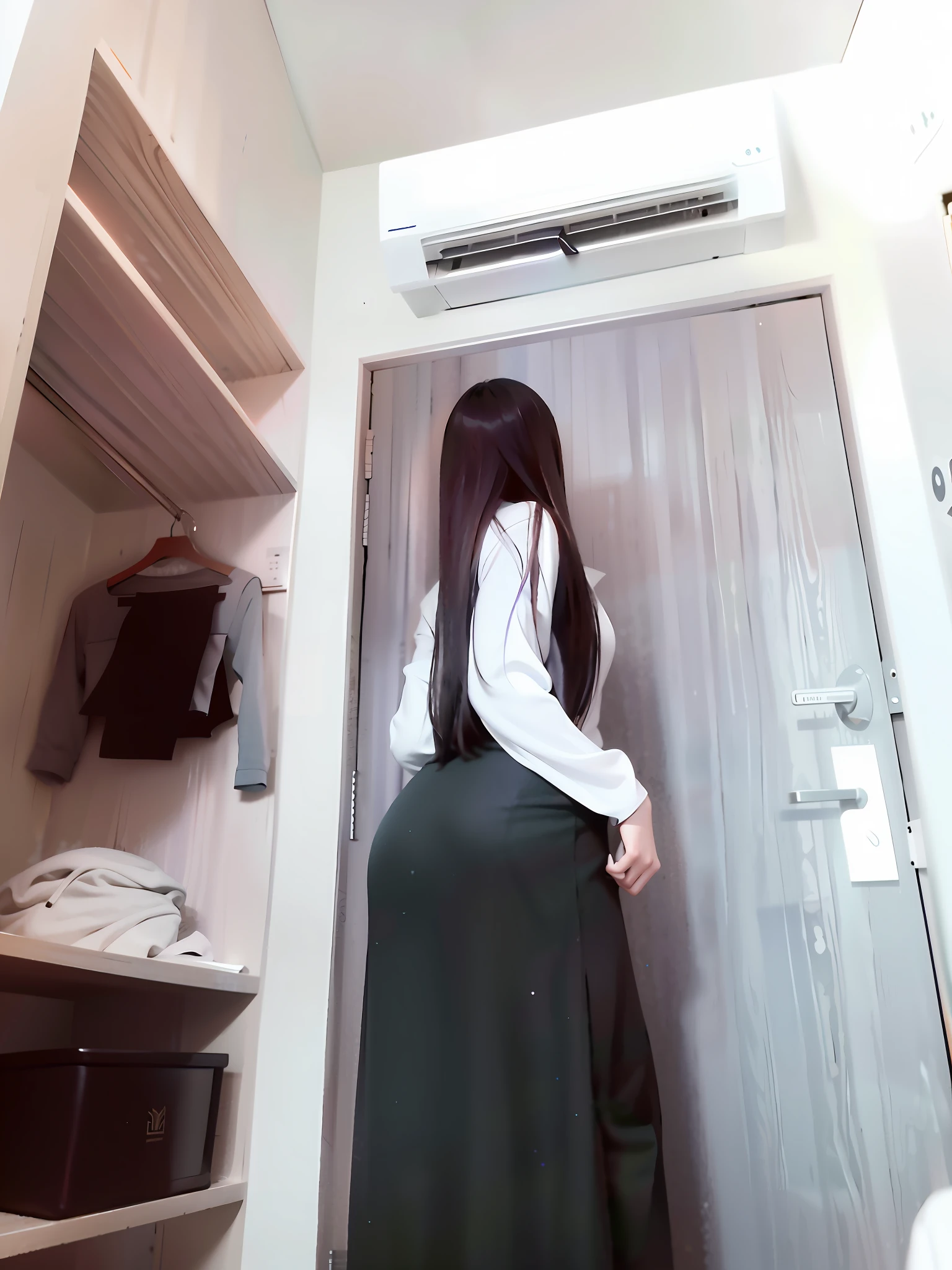 there is a woman standing in a closet with a skirt on, wearing skirt, wearing headmistress uniform, standing in corner of room, looking from behind, back view!!, white shirt and green skirt, in her room, backshot, backview, facing away from camera, wearing school uniform, about to enter doorframe, wearing japanese school uniform,Sexy Big ass,Big Tips,Sexy Body,nude