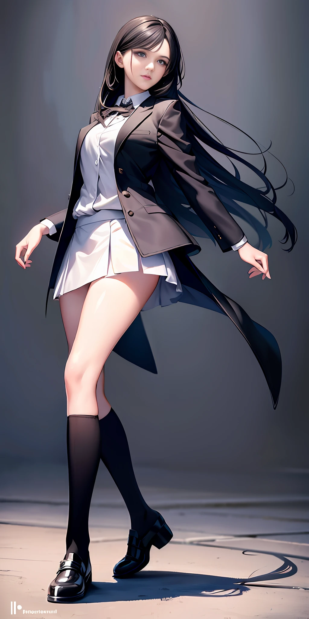 ((masterpiece, best_quality)), 1girl, (photorealistic:1.4), solo, white_background, black_hair, long_hair, zettai_ryouiki, skirt, ((full_body)),