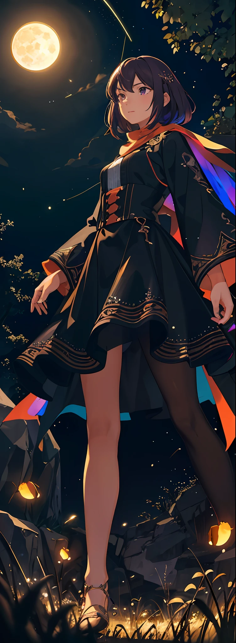 Vast landscape photo, (viewed from below, the sky is above and the open field is below), a girl standing on a flower field looking up, (full moon: 1.2), (meteor: 0.9), (nebula: 1.3), distant mountains , Trees BREAK Crafting Art, (Warm Light: 1.2), (Fireflies: 1.2), Lights, Lots of Purple and Orange, Intricate Details, Volumetric Lighting, Realism BREAK (Masterpiece: 1.2), (Best Quality), 4k, Ultra-Detailed, (Dynamic Composition: 1.4), Very Detailed, Colorful Details, (Rainbow Colors: 1.2), (Glow Lighting, Atmospheric Lighting), Dreamy, Magical, (Solo: 1.2)