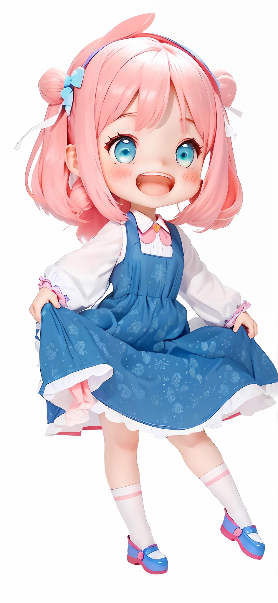 A cute girl with cute face, pink hair, white lining, blue long dress, laughing --v 6