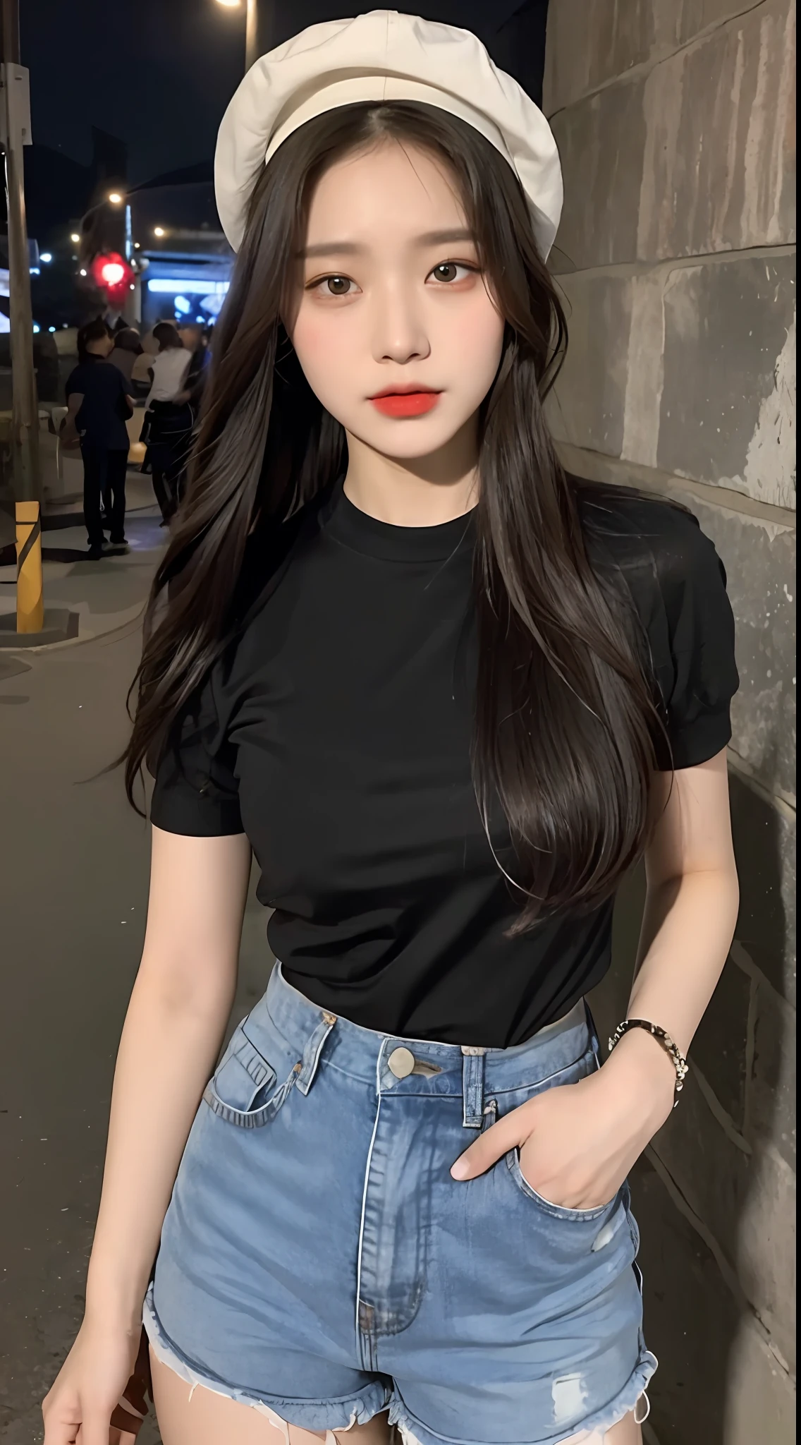 ((Best Quality, 8K, Masterpiece: 1.3)), (Hat: 1.3), Focus: 1.2, Perfect Body Beauty: 1.4, Buttocks: 1.2, (Layered Haircut: 1.2)), (Dark Street: 1.3), Highly Detailed Face and Skin Texture, Fine Eyes, Double Eyelids, Whitened Skin, Long Hair, (Round Face: 1.5), (Short Sleeves, Shorts: 1.6)