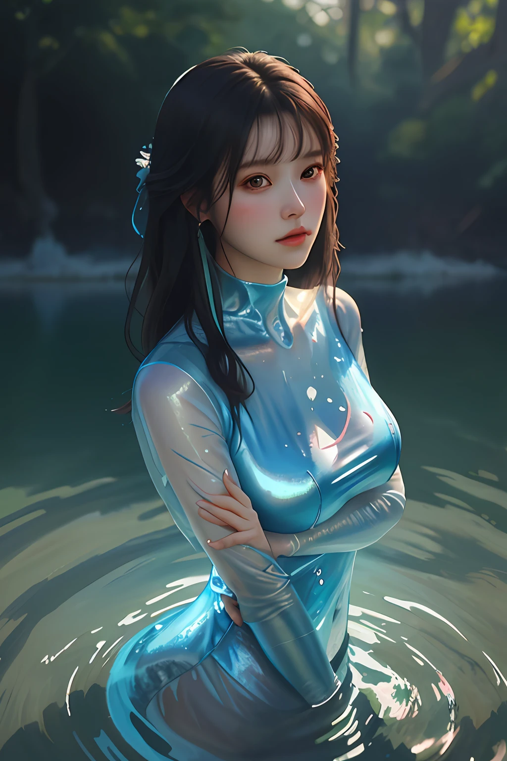 arafed woman with a very large breast standing in the water, a photorealistic painting inspired by Yanjun Cheng, trending on Artstation, digital art, soft portrait shot 8 k, yanjun chengt, wlop glossy skin, 8k artgerm bokeh, 8k portrait render, stunning anime face portrait, gorgeous face portrait