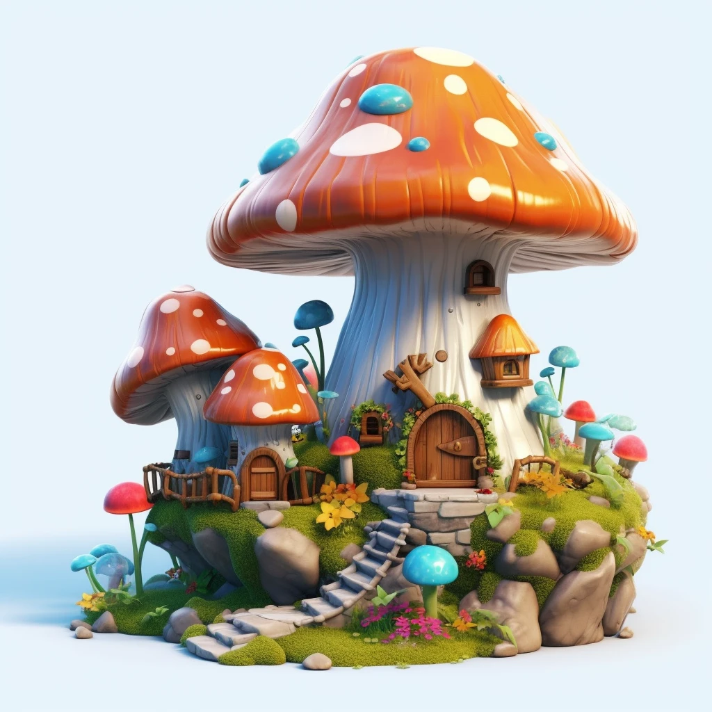 Cartoon style, polygon, game building design, fantasy, beautiful house, mushroom shaped building, forest element, white background, casual game style, creative, best detail, 3d, blender, masterpiece, best quality, cartoon rendering, 8K