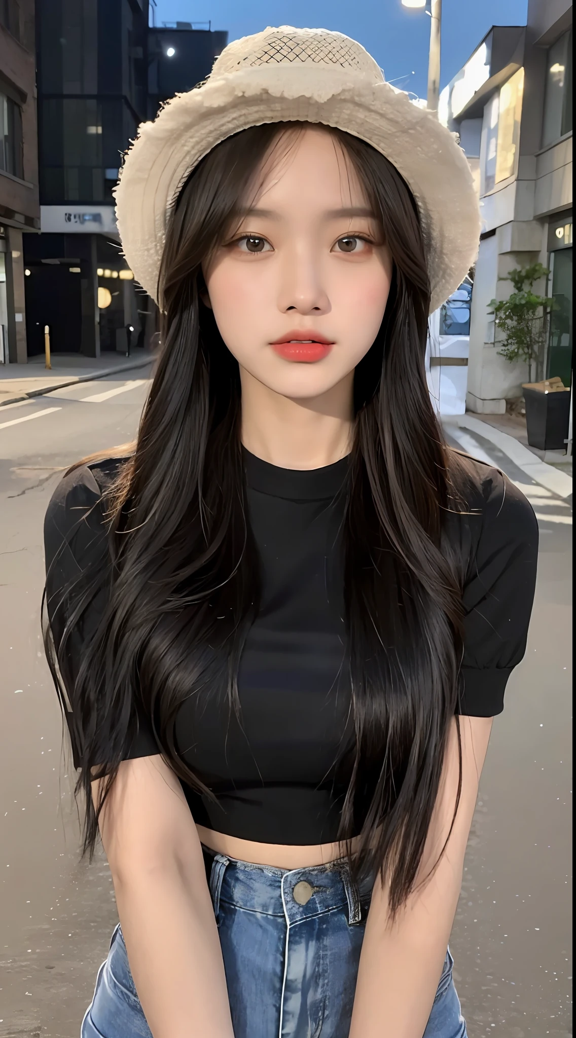 ((Best Quality, 8K, Masterpiece: 1.3)), (Fisherman's Hat: 1.3), Focus: 1.2, Perfect Body Beauty: 1.4, Buttocks: 1.2, (Layered Haircut: 1.2)), (Dark Street: 1.3), Highly Detailed Face and Skin Texture, Fine Eyes, Double Eyelids, Whitened Skin, Long Hair, (Round Face: 1.5), (Short Sleeves, Shorts: 1.6)
