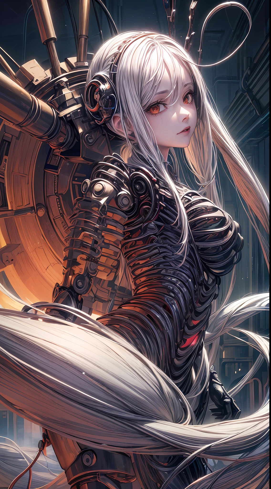 (((masterpiece))), ((best quality)), ((ultra-detailed)), (CG illustration), (an extremely devious and beautiful)), (cute desktop face), cinematic light, ((1 mechanical girl)), single, full, (machine-made joints). : 1.4), ((mechanical limb)), (blood vessels attached to tubes), ((mechanical spine attached to back)), ((mechanical cervical vertebrae attached to the neck), ((steam core)), expressionless, long white hair, (wires and cables attached to the head and body: 1.5), (character focus), science fiction, steam