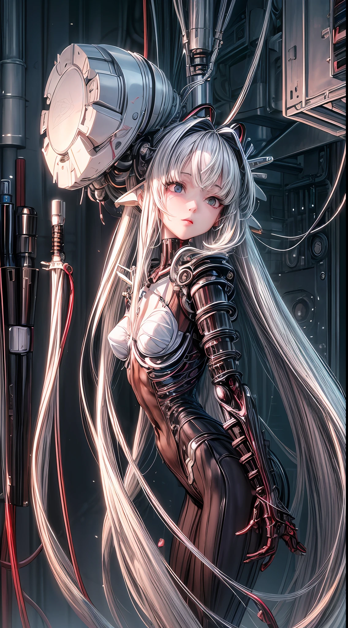(((masterpiece))), ((best quality)), ((ultra-detailed)), (CG illustration), (an extremely devious and beautiful)), (cute desktop face), cinematic light, ((1 mechanical girl)), single, full, (machine-made joints). : 1.4), ((mechanical limb)), (blood vessels attached to tubes), ((mechanical spine attached to back)), ((mechanical cervical vertebrae attached to the neck), ((steam core)), expressionless, long white hair, (wires and cables attached to the head and body: 1.5), (character focus), science fiction, steam