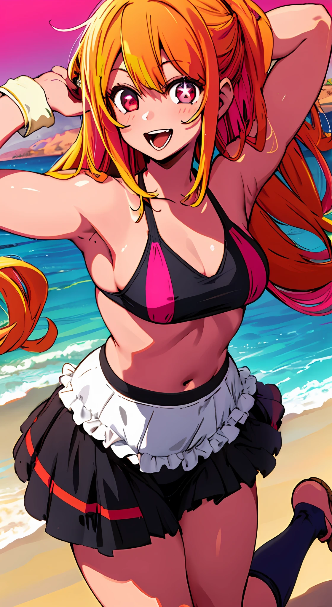 1girl, solo, star-shaped pupils in left eye, orange hair, long hair, pink eyes, multicolored bikini, blonde, bangs,happy,posing, multicolored hair, beach background