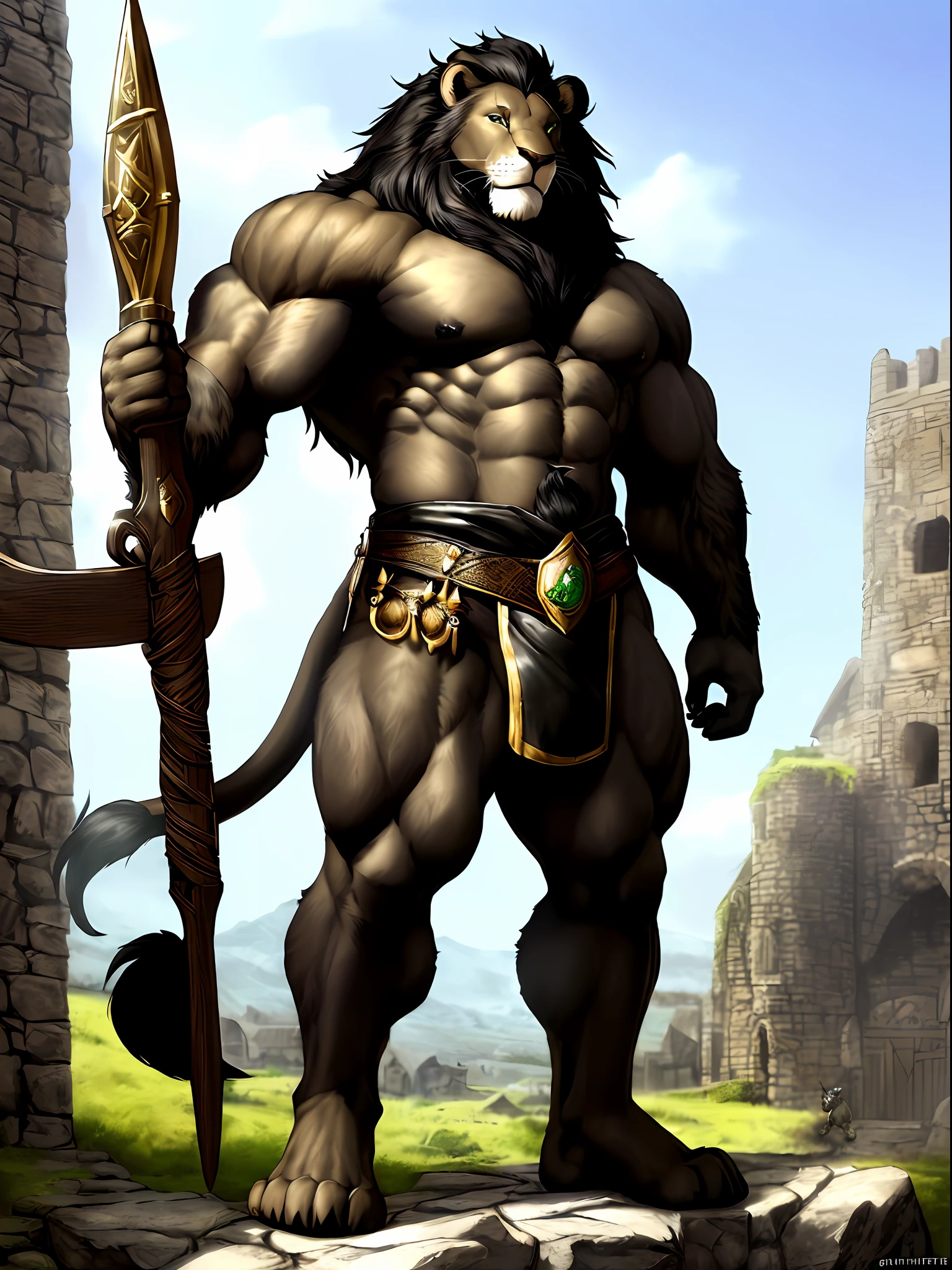 Front view, full height, Medieval, anthro (lion), male, feline, adult, solo, hyper muscular, huge muscles, massive build, heavy posture, wide shoulders, massive calves and wide feet, wide forearms, giantic body and tiny head in comparsion, tough, , lion's tail, high quality ultradetailed green eyes, barefoot, thick sweat dripping over lion ((blacksmith cloths, barechested)), dark pants, correct anatomy, (dark brown fur, black mane, dark snout, detailed fur:1.4), detailed background, antient town background, hyperrealistic, ultradetailed, (masterpiece:1.2), epic, (correct furry hands), natural lighting, (by grimfaust)