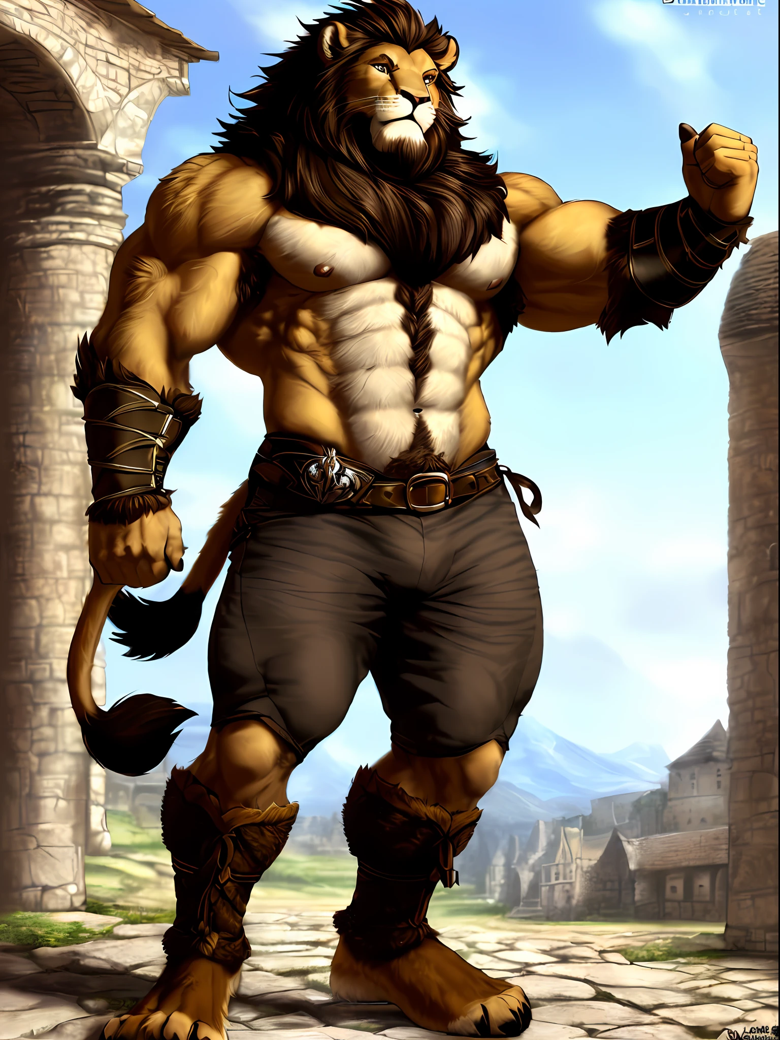 Front view, full height, Medieval, anthro (lion), male, feline, adult, solo, hyper muscular, heavy posture, wide shoulders, massive calves and wide feet, wide forearms, tough, lion's tail, high quality ultradetailed brown eyes, barefoot,  ((warrior, barechested)), dark pants, correct anatomy, (pale brown fur, dark brown mane, short beard, detailed fur:1.4), detailed background, antient town background, hyperrealistic, ultradetailed, (masterpiece:1.2), epic, (correct furry hands), natural lighting, (by grimfaust)