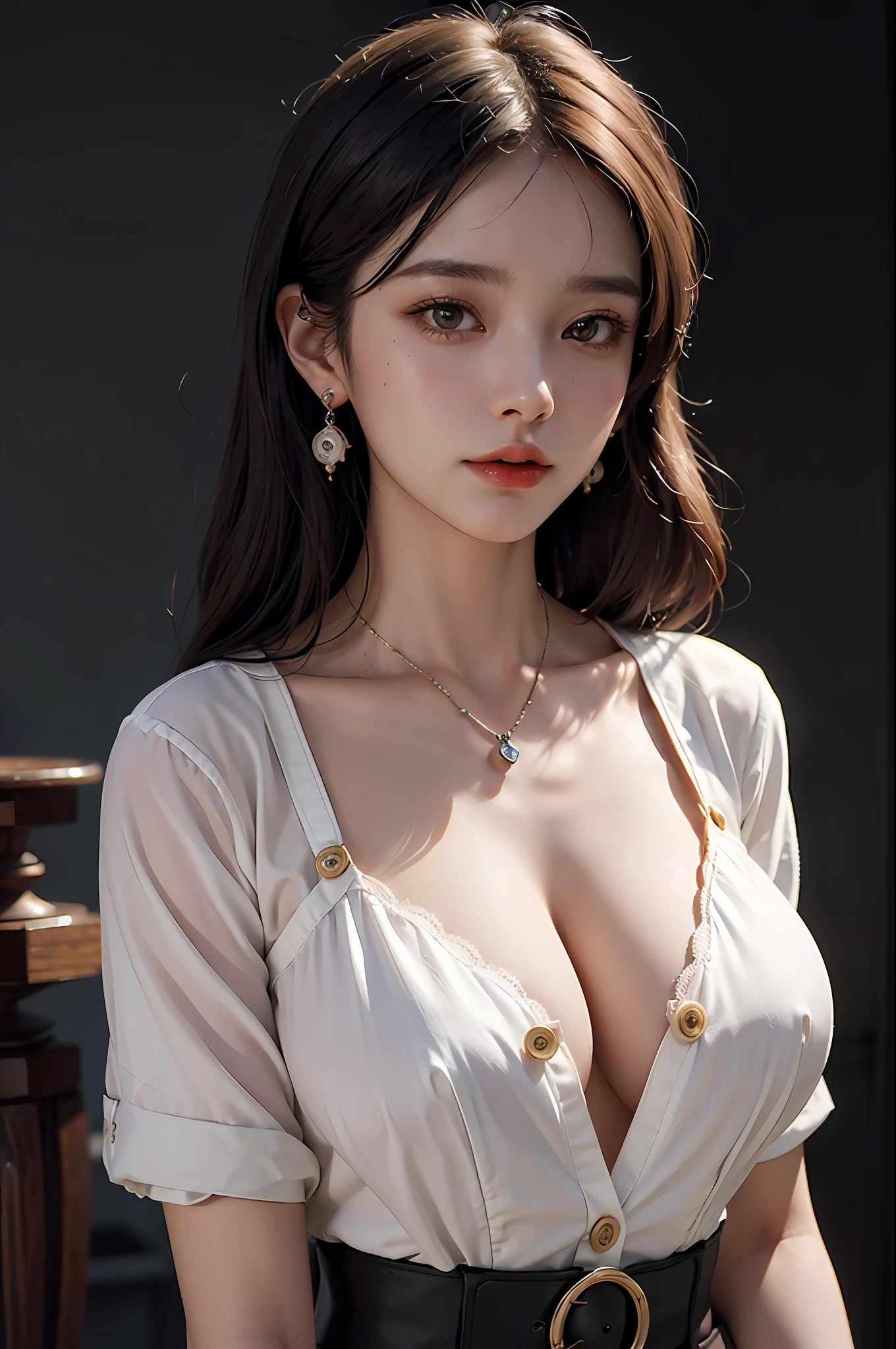 Wearing only one long shirt, (all buttons open: 1.1), big breasts, deep cleavage, best quality, masterpiece, illustration, very delicate and beautiful, very detailed, CG, unity, 8K wallpapers, amazing, fine detail, very detailed CG Unity 8K wallpapers, huge file size, very detailed, high resolution, handsome detail woman, very detailed eyes and face, wonderful detailed eyes, light on face,  (Best Illustration: 1.1), (Best Shadow: 1.1), Ultra High Resolution, (Photoreal: 1.1), (Photo Realistic: 1.2:1.1), Realistic Face Proportions, Slender, Smile, (Makeup: 0.4), (Fluffy Black Eyes: 1.21), Black Eyes, Looking at the Viewer, Dark Brown Hair, Earrings, Necklaces, Hairpins, Cowboy Shots, (Irregular Irregular Skin Imperfections, Veins, Skin Wrinkles Pores: 1.2), (Dark Night Background: 1.2), (Bokeh: 1.4),