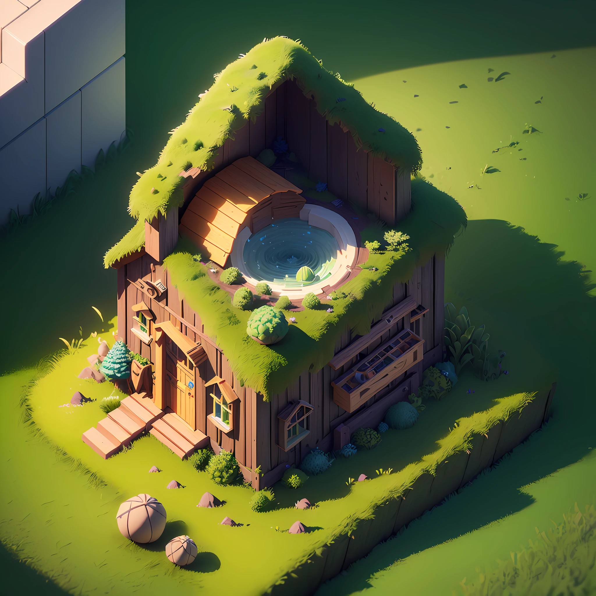(isometric 3D),(masterpiece), (extremely detailed CG unity 8k wallpaper), (best quality), (best illustration), (best shadow),
a cute ,A round turnip hut covered with moss
,octane render,ray tracing,ultra detailed