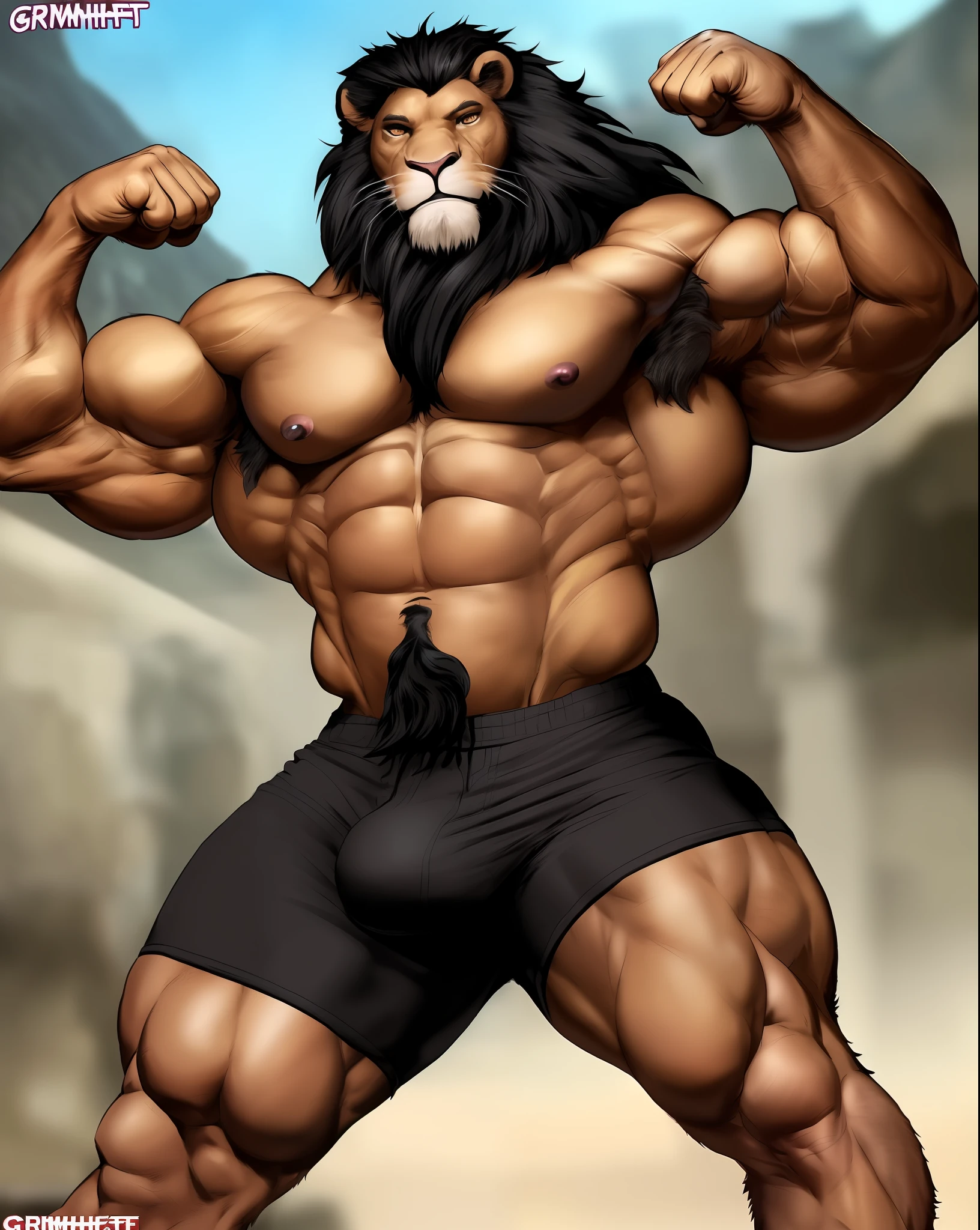 anthro (lion), feline, adult, solo, very muscular, thick neck, ((sturdy shorts)), flexing, ((posing)), epic, ((biceps flexing)), topless, tail, (brown fur, black mane, detailed fur:1.3), (ragged fur:1.1), bodybuilder, fighter, contest, scene, veiny muscles, detailed background, venue background, photorealistic, hyperrealistic, ultradetailed, (masterpiece:1.2), bulge, correct fists, uncensored, (((by grimfaust)))