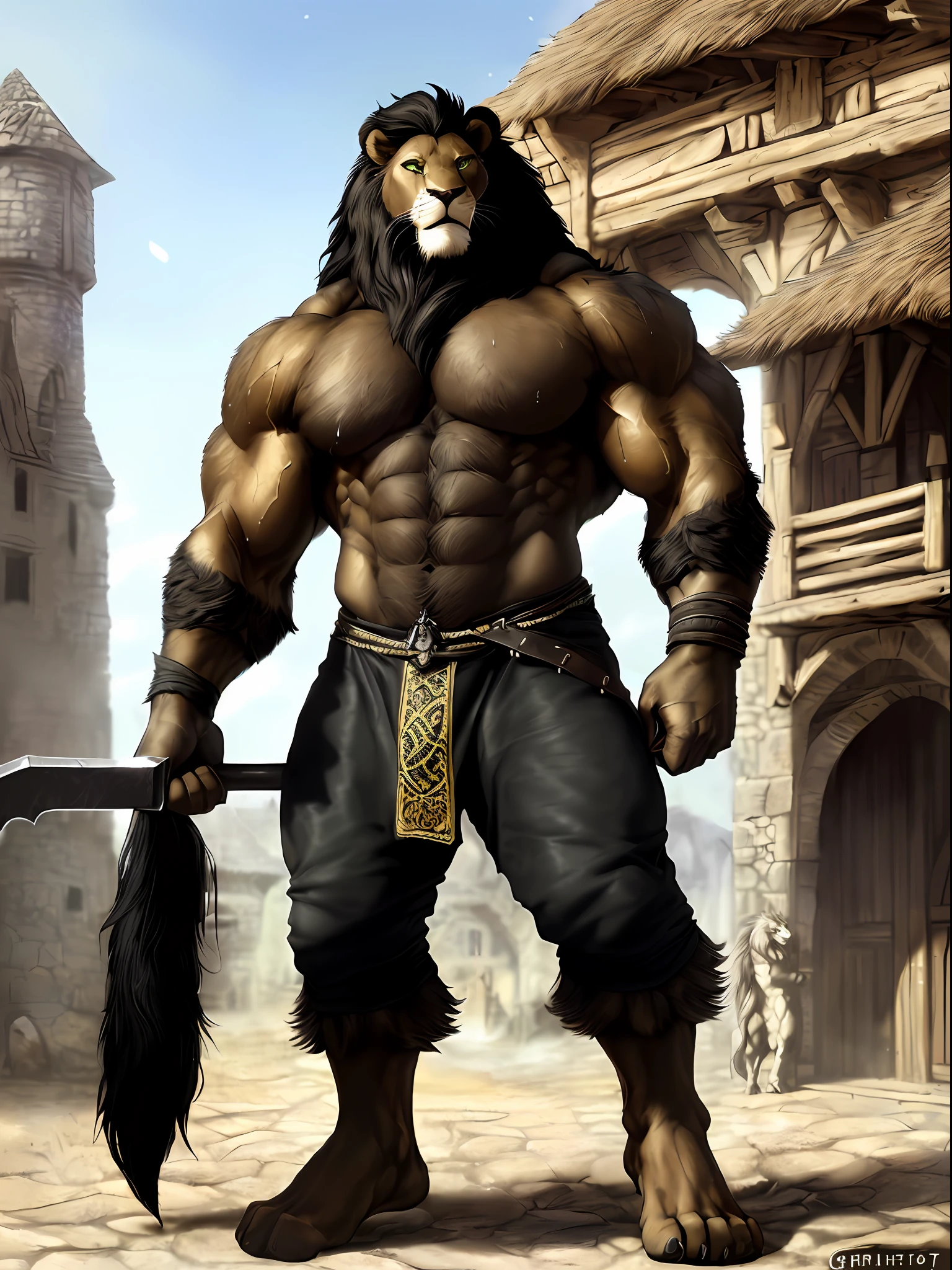 Front view, full height, Medieval, anthro (lion), male, feline, adult, solo, hyper muscular, huge muscles, massive build, heavy posture, wide shoulders, giant body and tiny head in comparsion ((blacksmith cloths, barechested)), dark pants, correct anatomy, tail, massive, (dark brown fur, black mane, dark snout, detailed fur:1.4), wide calves and wide feet, detailed background, antient town background, photorealistic, hyperrealistic, ultradetailed, (masterpiece:1.2), epic, (correct furry hands), natural lighting, (by grimfaust), tough, high quality ultradetailed green eyes, barefoot, thick sweat dripping over lion