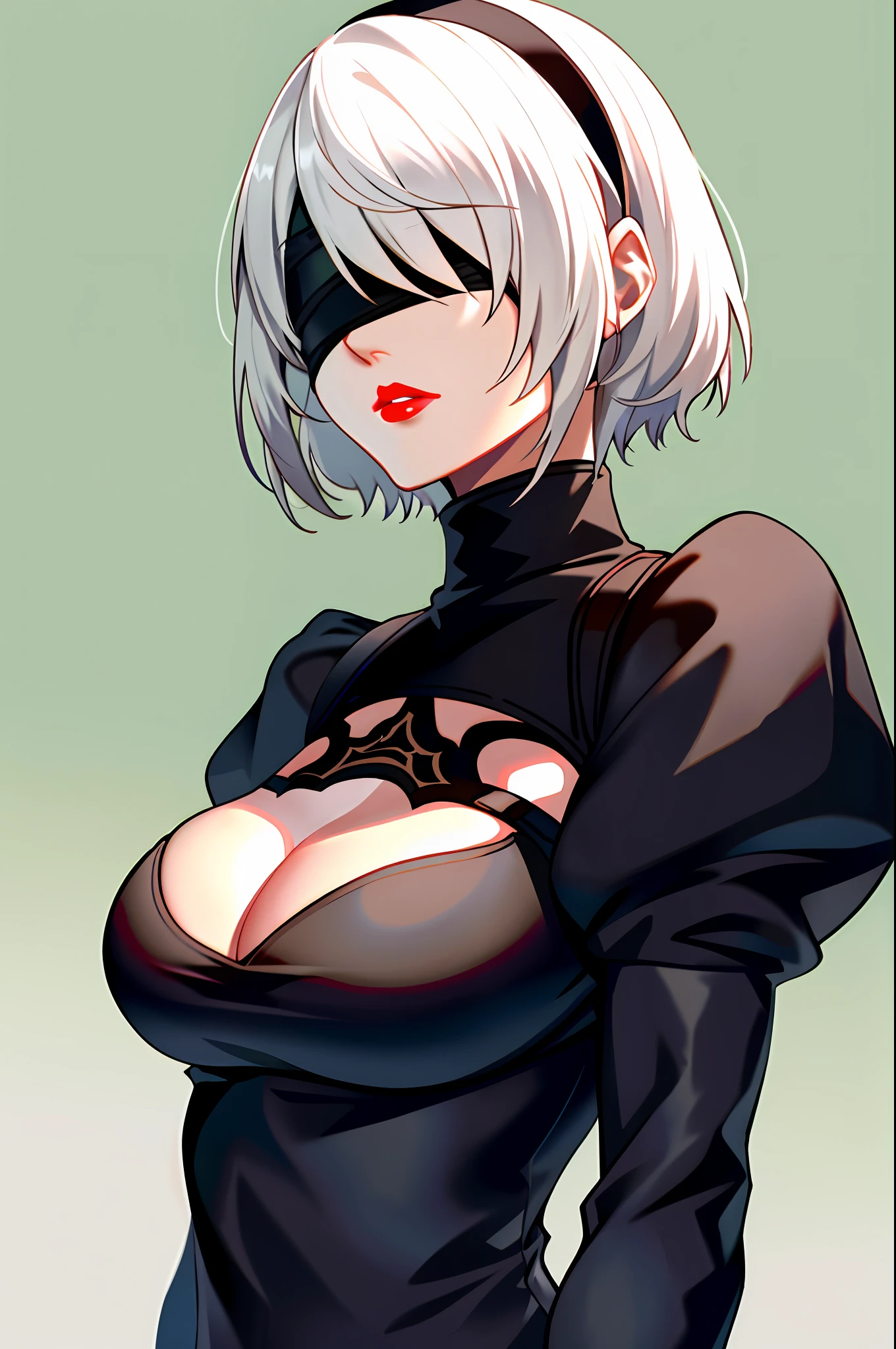 yorha no. 2 type b, 1girl, wlop, (blindfold), breasts, cleavage, cleavage cutout, clothing cutout, green background, hair between eyes, hairband, highres, juliet sleeves, long sleeves, nier (series), nier automata, puffy sleeves, red lips, shaded face, short hair, solo, turtleneck, upper body, white hair, sky