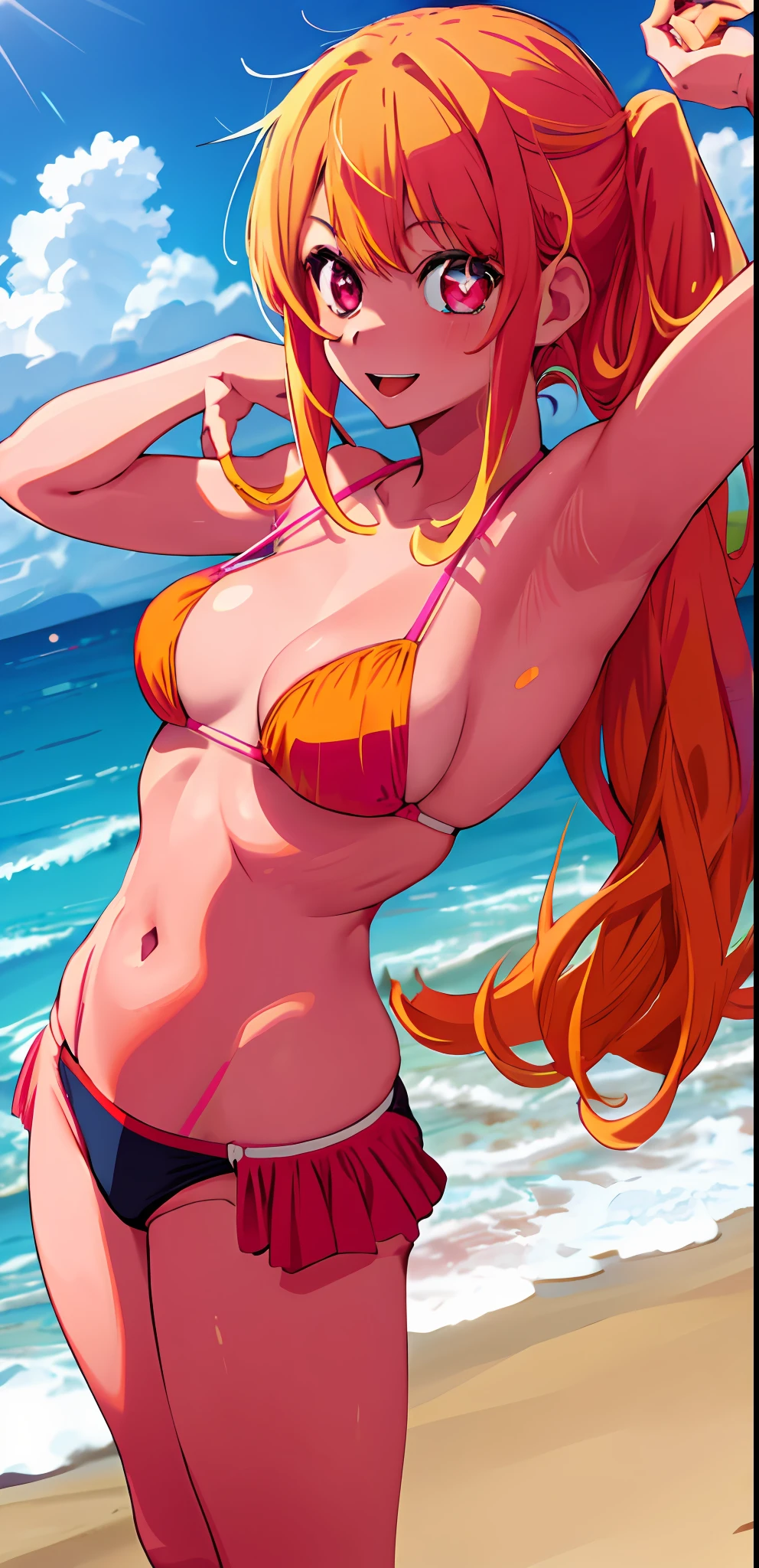 1girl, solo, star-shaped pupils in left eye, orange hair, long hair, pink eyes, multicolored bikini, blonde, bangs,happy,posing, multicolored hair, beach background