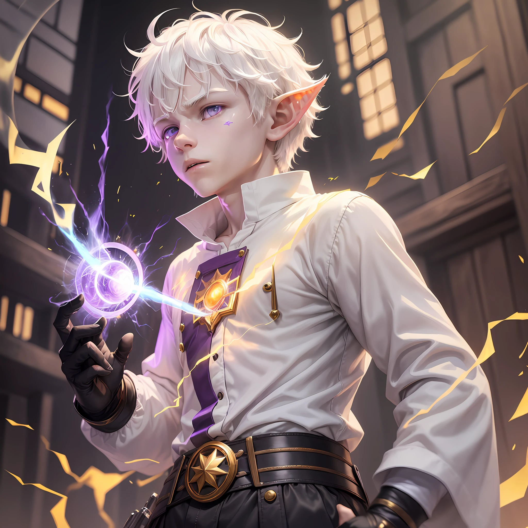 a -yeld bogood person, albino with white skin, short white hair, white hair covering the ears, huge elf ears, pointed and hairy ears, purple eyes, light fire powers, sun power, pyrokinesis, matter manipulation, no anger, golden clothes, fully dressed, shirt on, no muscles