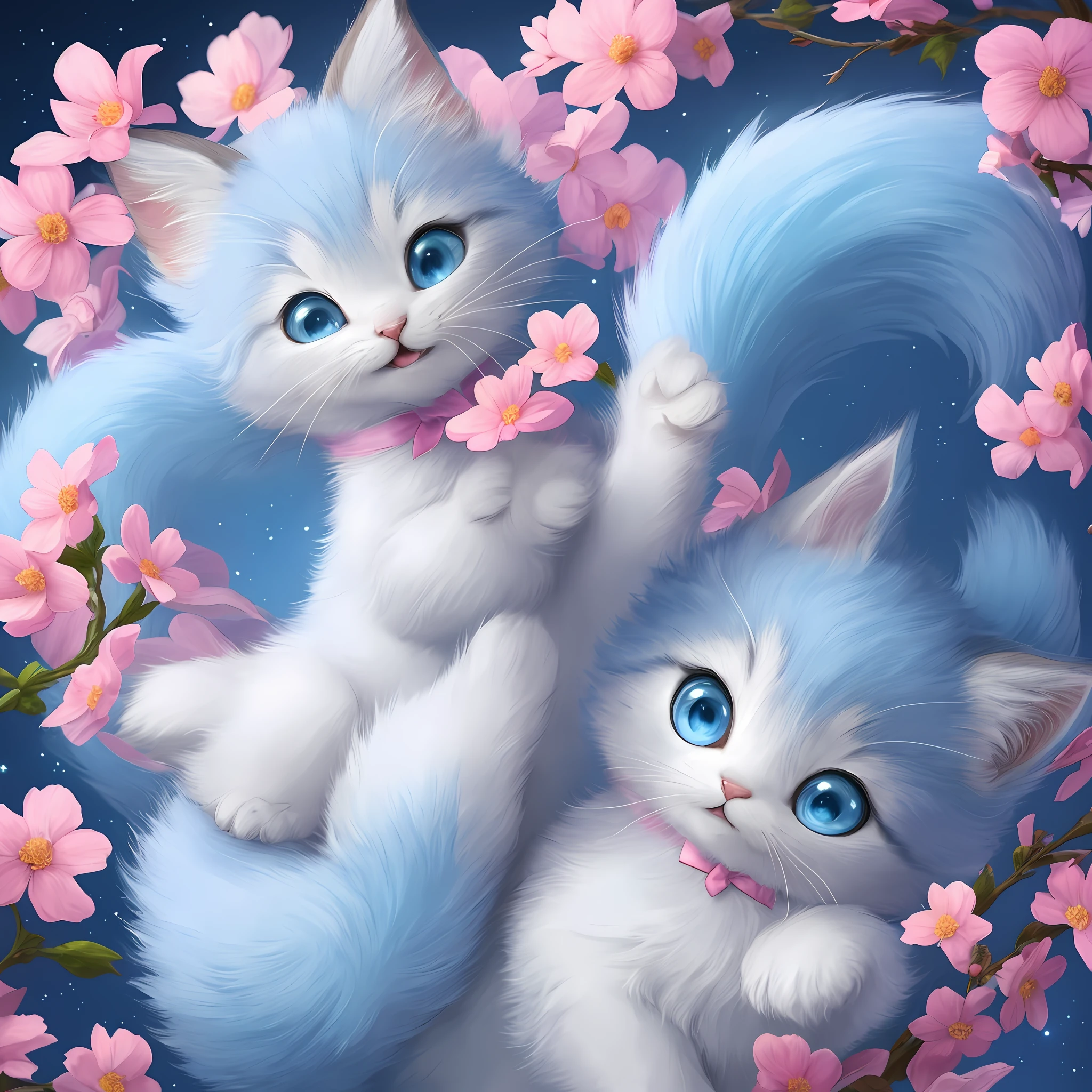 A kitten with a tiny tail, a small nose, small ears, blue eyes, pink background, flowers, vases, dreams, open mouth, smile, Caroline Chariot-Dayez pastels, tumblr, furry art, elokitty, Disney's Bambi cat, Disney's stylized furry, ears floating, fluffy tail, fluffy '', fluffy !!!, high resolution, furry art!!! The moon, small in size