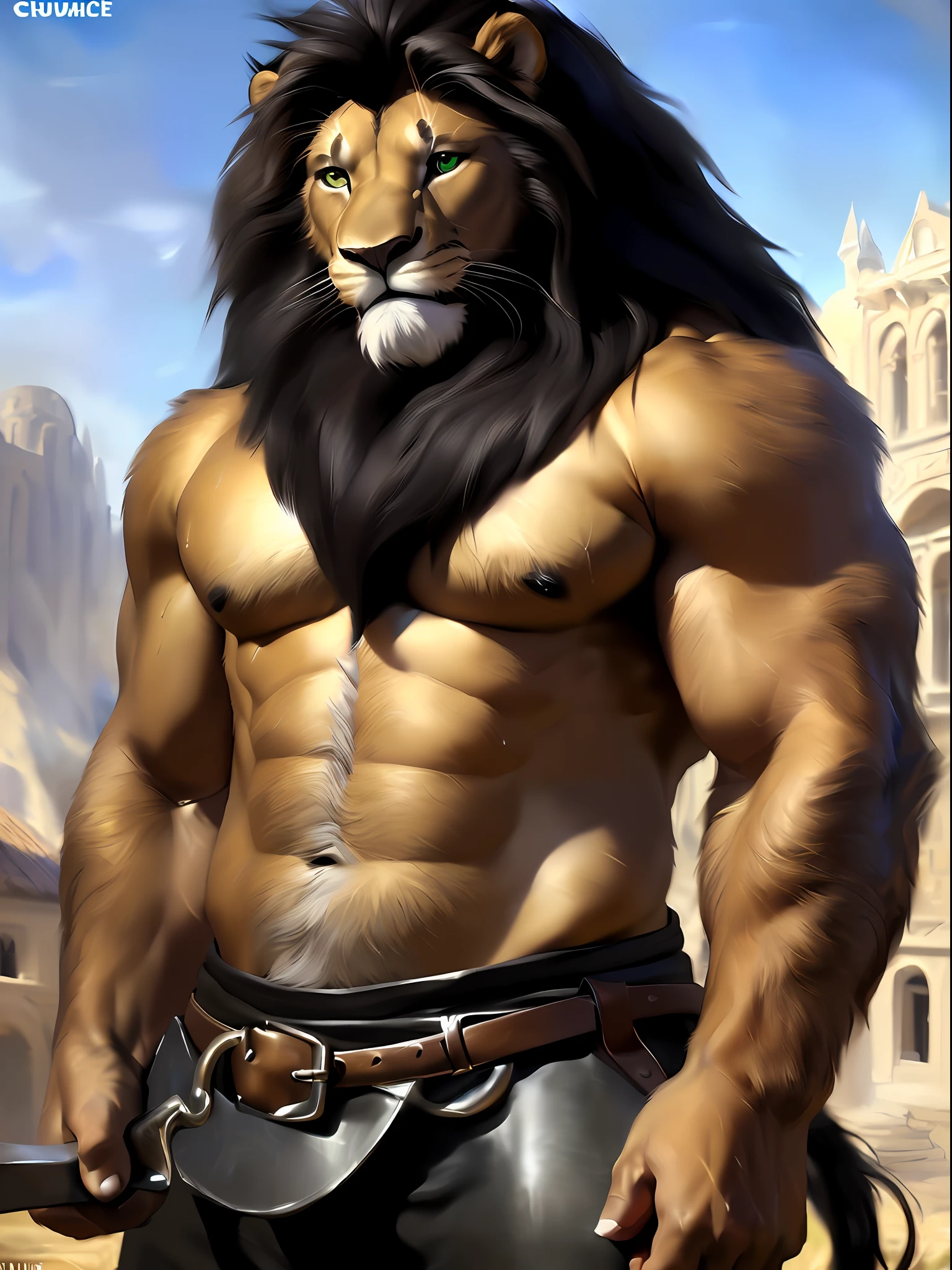 Front view, full height, Medieval, anthro (lion), male, feline, adult, solo, muscular massive build, heavy posture, wide shoulders, small head ((blacksmith cloths, barechested)), dark pants, correct anatomy, tail, massive, (dark brown fur, black mane, dark snout, detailed fur:1.4), detailed background, antient town background, photorealistic, hyperrealistic, ultradetailed, (masterpiece:1.2), epic, (correct furry hands), natural lighting, (by Chunie), tough, high quality ultradetailed green eyes, barefoot, thick sweat dripping over lion
