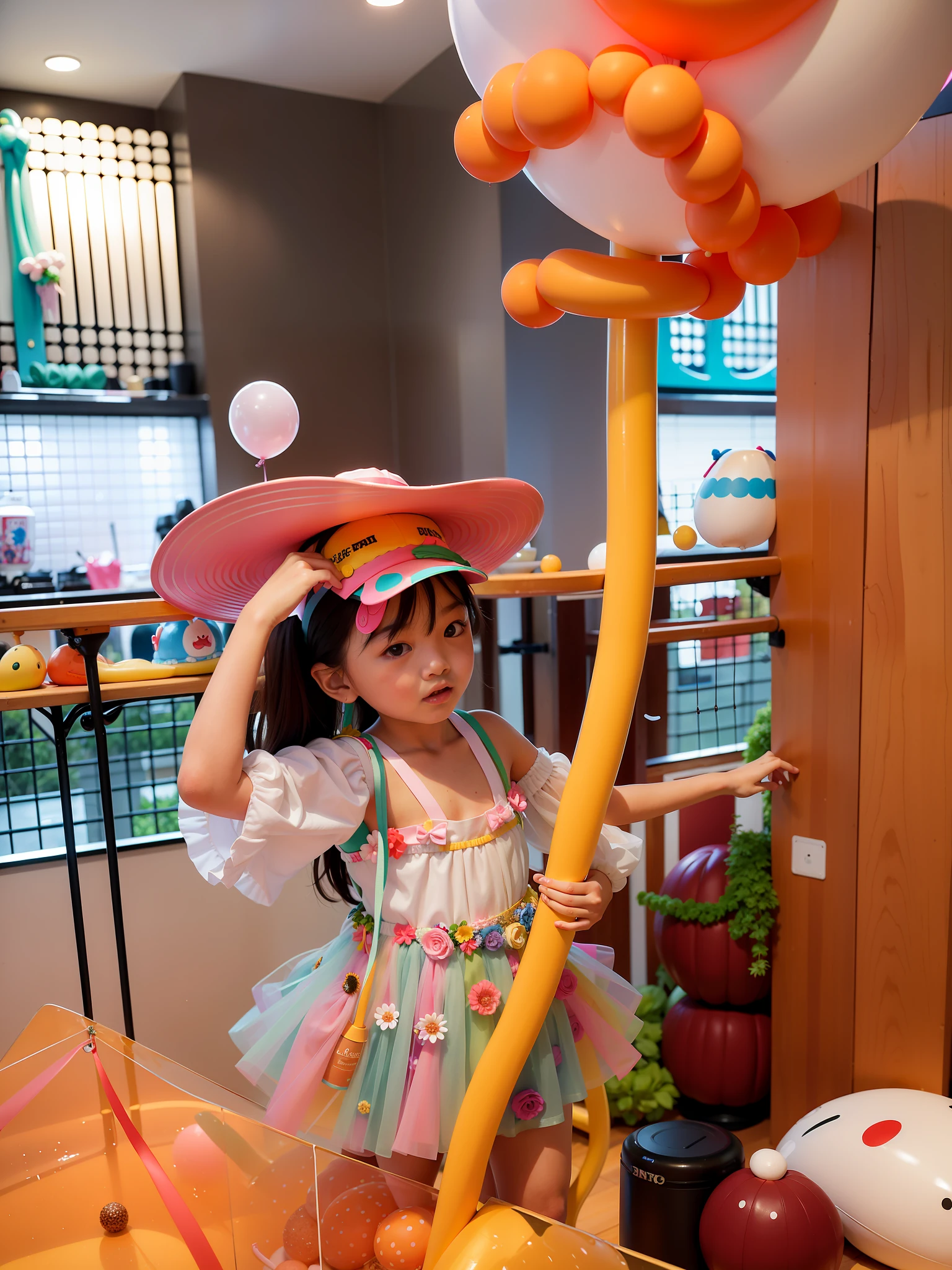 there is a young girl holding a balloon with a hat on it, balloon, inflatable, 165 cm tall, 155 cm tall, taken with sony alpha 9, jellyfish headdress, , taken with canon eos 5 d mark iv, with a weird hat, jaeyeon nam, photo taken with sony a7r, wearing a silly hat