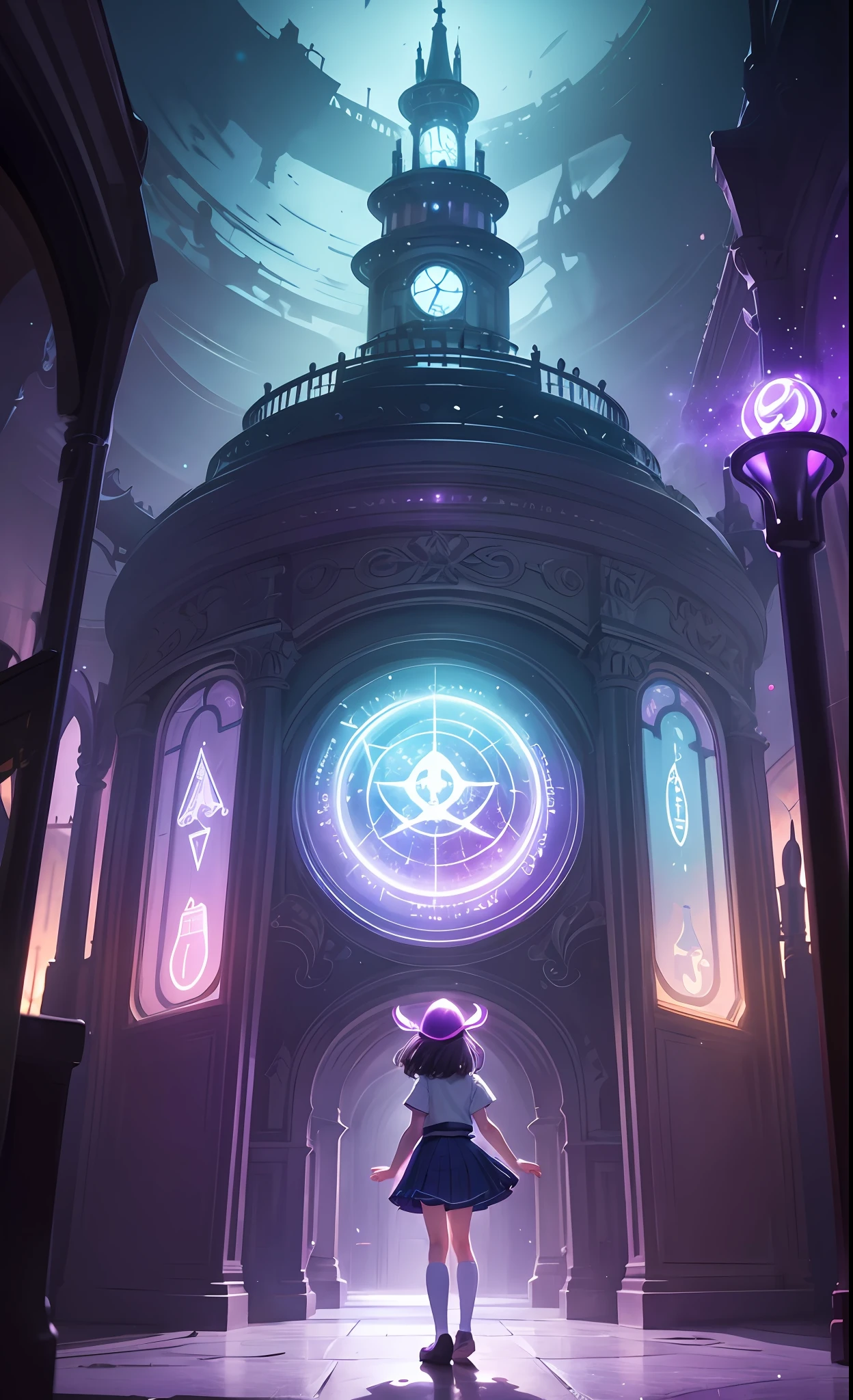 Masterpiece, best quality, schoolgirl exploring magic theme park, cute, whimsical, purple, glowing, glowing, funny, silly, mysterious, magical, mysterious, mysterious, mysterious, funny, funny