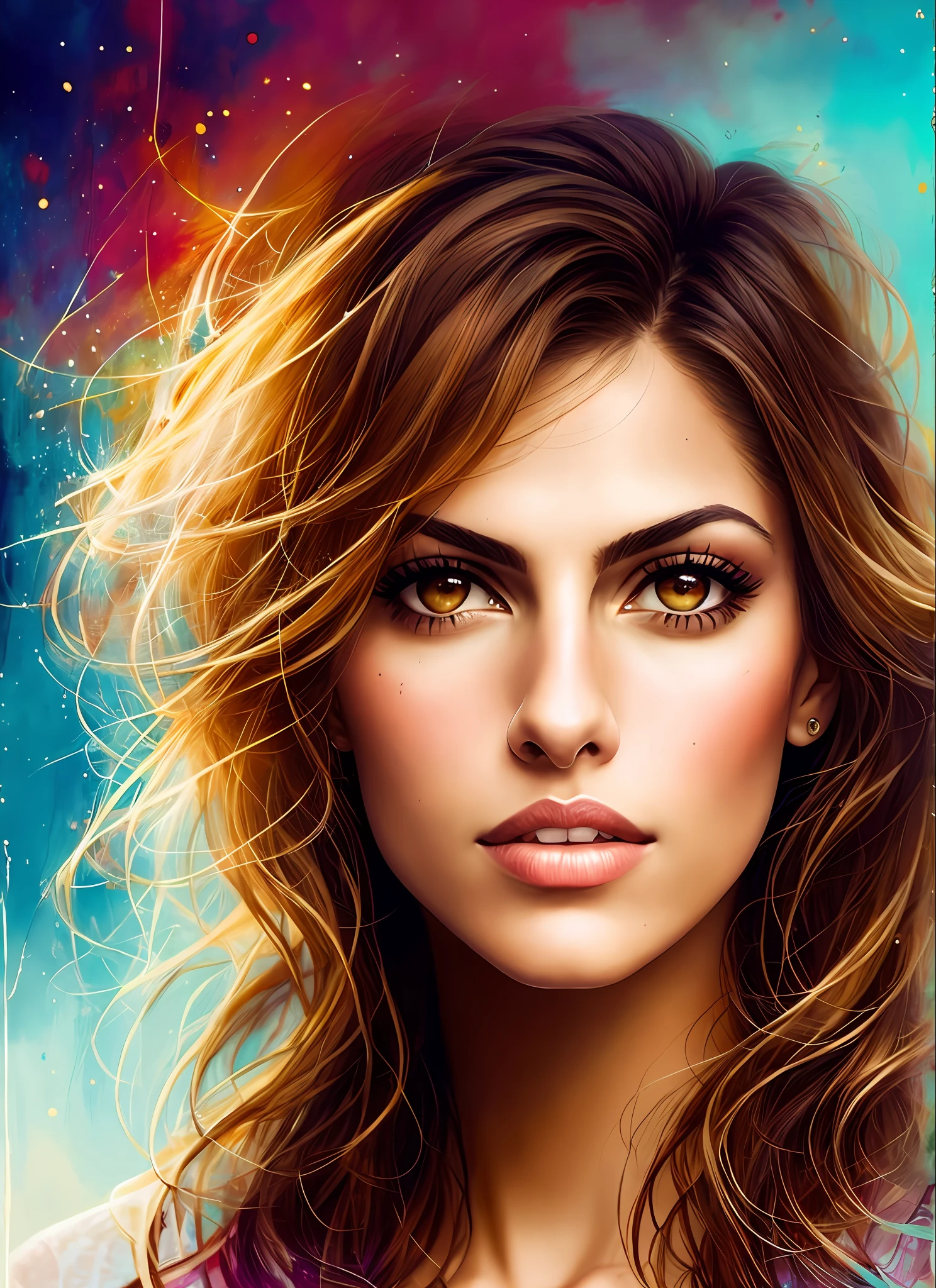 Eva Mendes beautiful with 23 years, a woman of Agnes Cecile, luminous design, pastel colors, paint drips, autumn lights