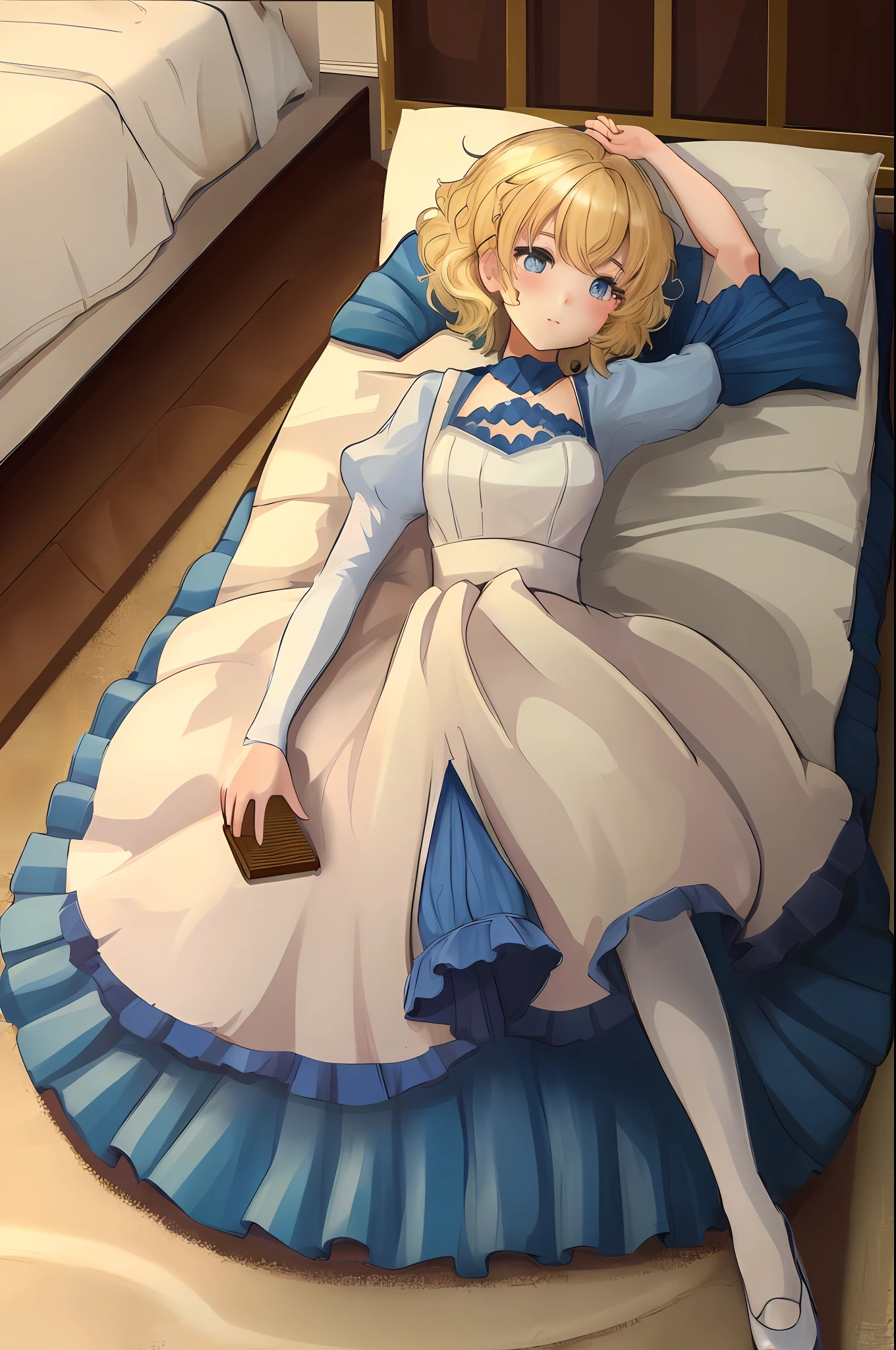 A girl laying down on a bed, laying, blonde hair, indoors, high quality, fullbody, good anatomy, ultra detailed, well drawn body, white stockings, short hair, well drawn face, anime, cute, blushing, beautyful face,