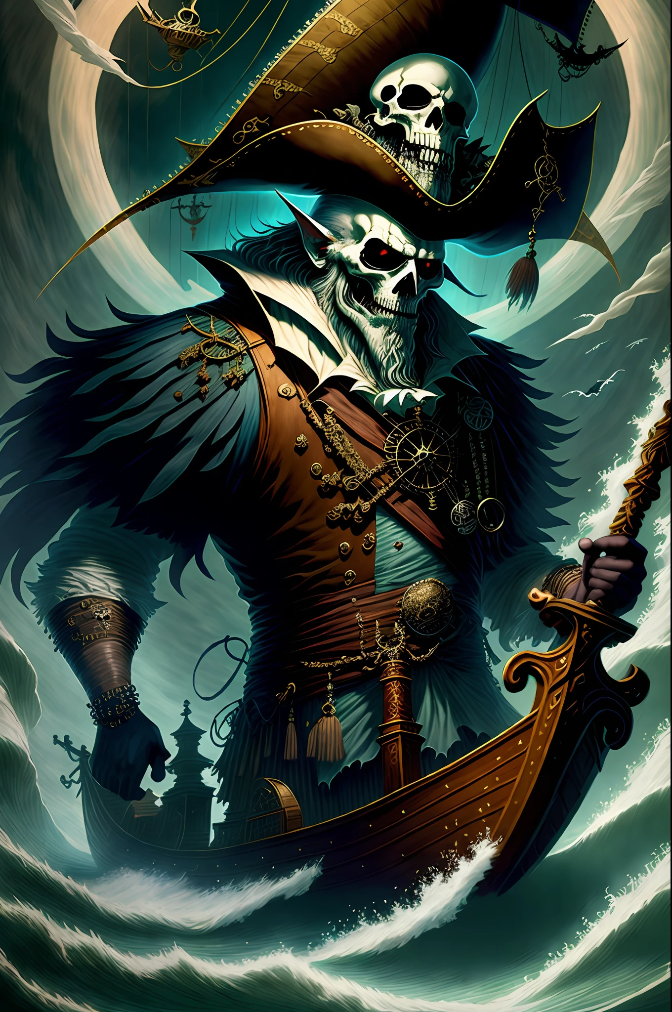 best quality, masterpiece, ultra high res, CCDDA Artstyle, a ghostly pirate haunting the seven seas, cinematic, realistic, detailed