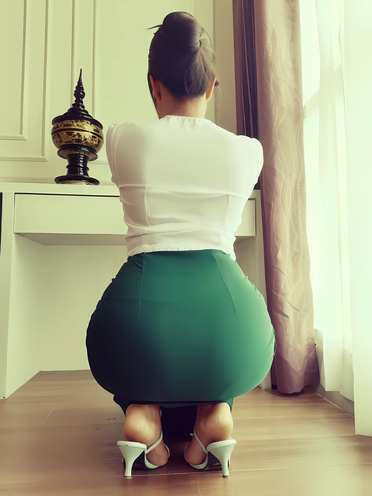 there is a woman sitting on the floor in a green skirt, looking from behind, wearing skirt, thicc, on knees, picture from behind, view from the back, insanely inflated hips, knees tucked in, big booty, rear-shot, view from behind, buttshape, white shirt and green skirt, thick thigs, back - shot,Sexy Body,Big ass,Big tips,nude