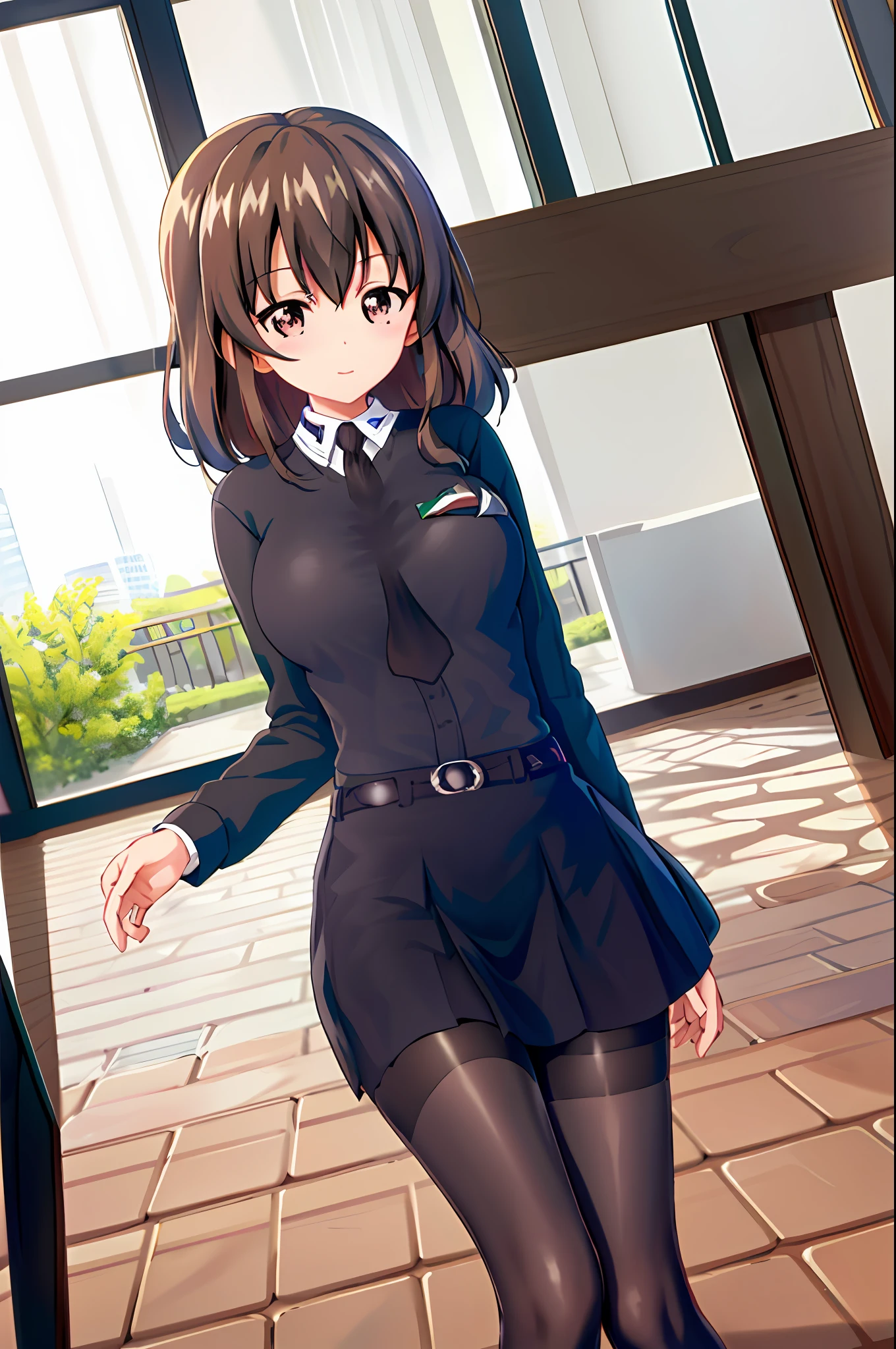 Rukuriri, masterpiece, best quality, 1girl, solo, girls und panzer, rukuriri ,brown hair, brown eyes, single braid, hair ribbon,medium breasts, white shirt, *//*, black necktie,*//*, short black pencil skirt,*//*, black pantyhose, kneeling, indoors, office, Rukuriri st.gloriana, Rukuriri girls und panzer, long braid, thick braid