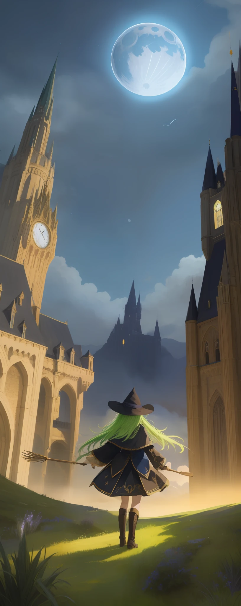 Masterpiece, Best Quality, Ultra Detailed, Illustration, 1girl, Solo, Fantasy, Flying, Broomstick, Night Sky, Outdoor, Castle, Magic, Spell, Moon, Stars, Clouds, Wind, Hair, Cloak, Hat, Boots, Broomstick, Glowing, Mysterious, Enchanting, Whimsical, Playful, Adventurous, Free, Wonderful, Imaginative, Determined, Skillful, Speed, Movement, Energy, Realism, Naturalism, Figurative, Figurative, Beautiful, Fantasy Culture, Mythology, Fairy Tale, Folklore, legend, witch with her back to the camera, wizard, magical creature, fantasy world, composition, proportion, foreground, medium scene, background, perspective, light, color, texture, detail, beauty, wonder.